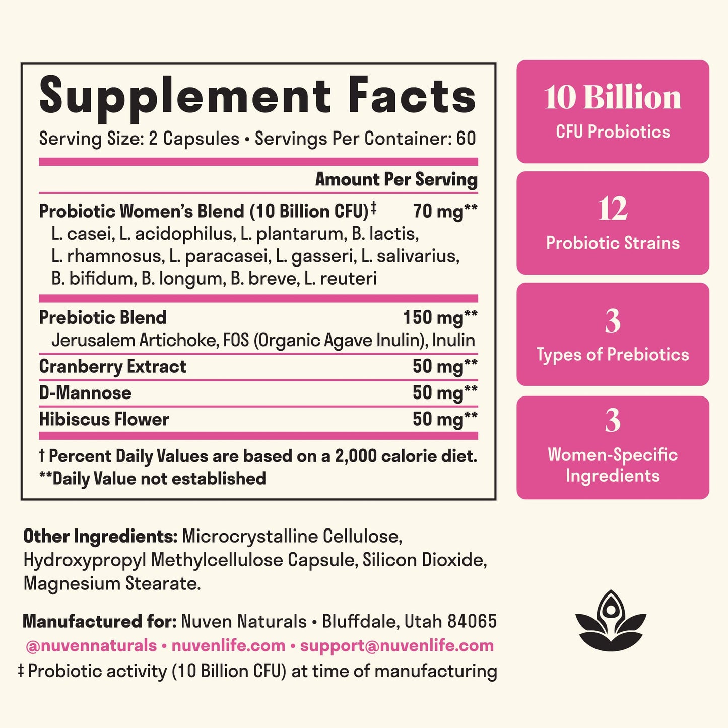 Nuven Naturals 3-in-1 Womens Probiotic - Probiotics, Prebiotics, D-Mannose Capsules, 120 Count
