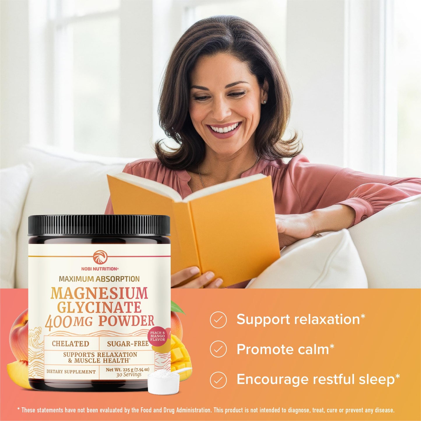 Nobi Nutrition Magnesium Glycinate Powder 400mg Sleep & Relaxation Support, Sugar-Free, 7.94 Ounce