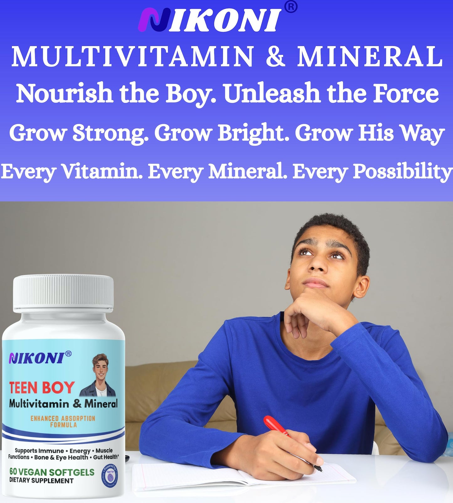 Nikoni Teen Boy Multivitamin & Mineral Vegan Softgels – Enhanced Absorption Formula – 60 Ct