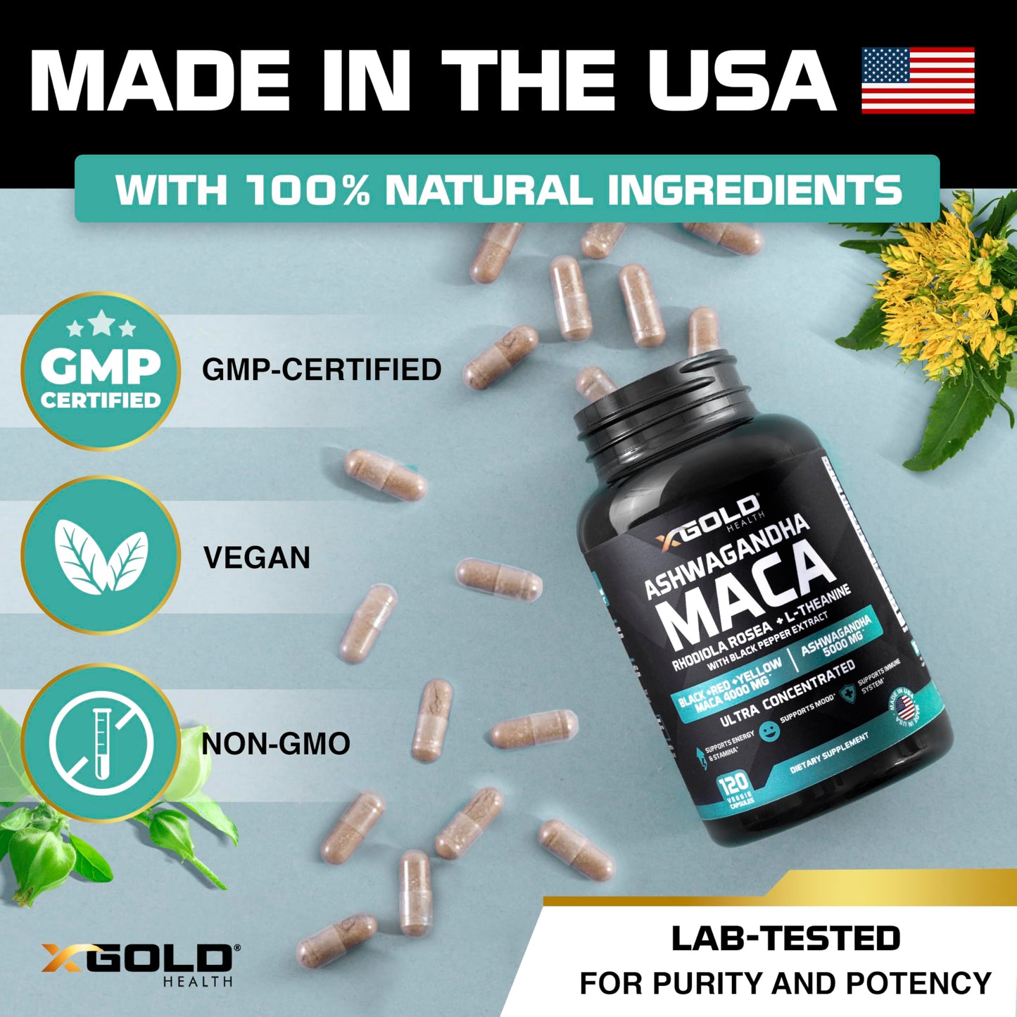 X Gold Health Ashwagandha & Maca Root Capsules with Rhodiola & L-Theanine (30:1 Ashwagandha Extract; 20:1 Maca Root Extract), 120 Capsules