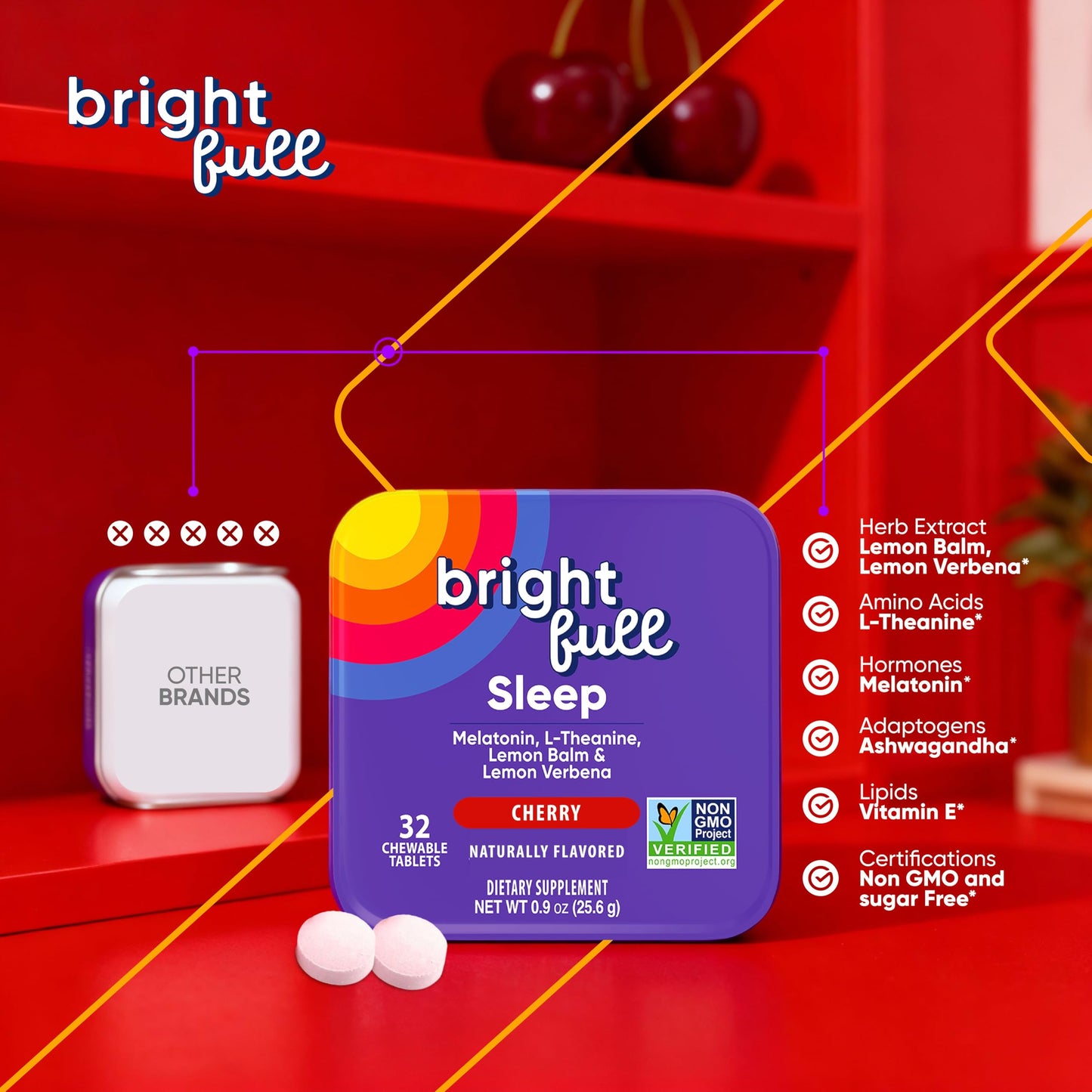 BRIGHTFULL Sleep Chewable Tablets with Melatonin, Ashwagandha, L-Theanine & Lemon Balm, Cherry Flavor, 32 Count