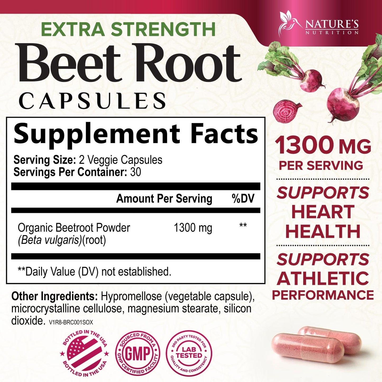 Nature's Nutrition Organic Beet Root 1300mg per Serving - Extra Strength Beetroot Powder Supplement - Supports Nitric Oxide Production, Heart Health & Natural Energy - 60 Capsules