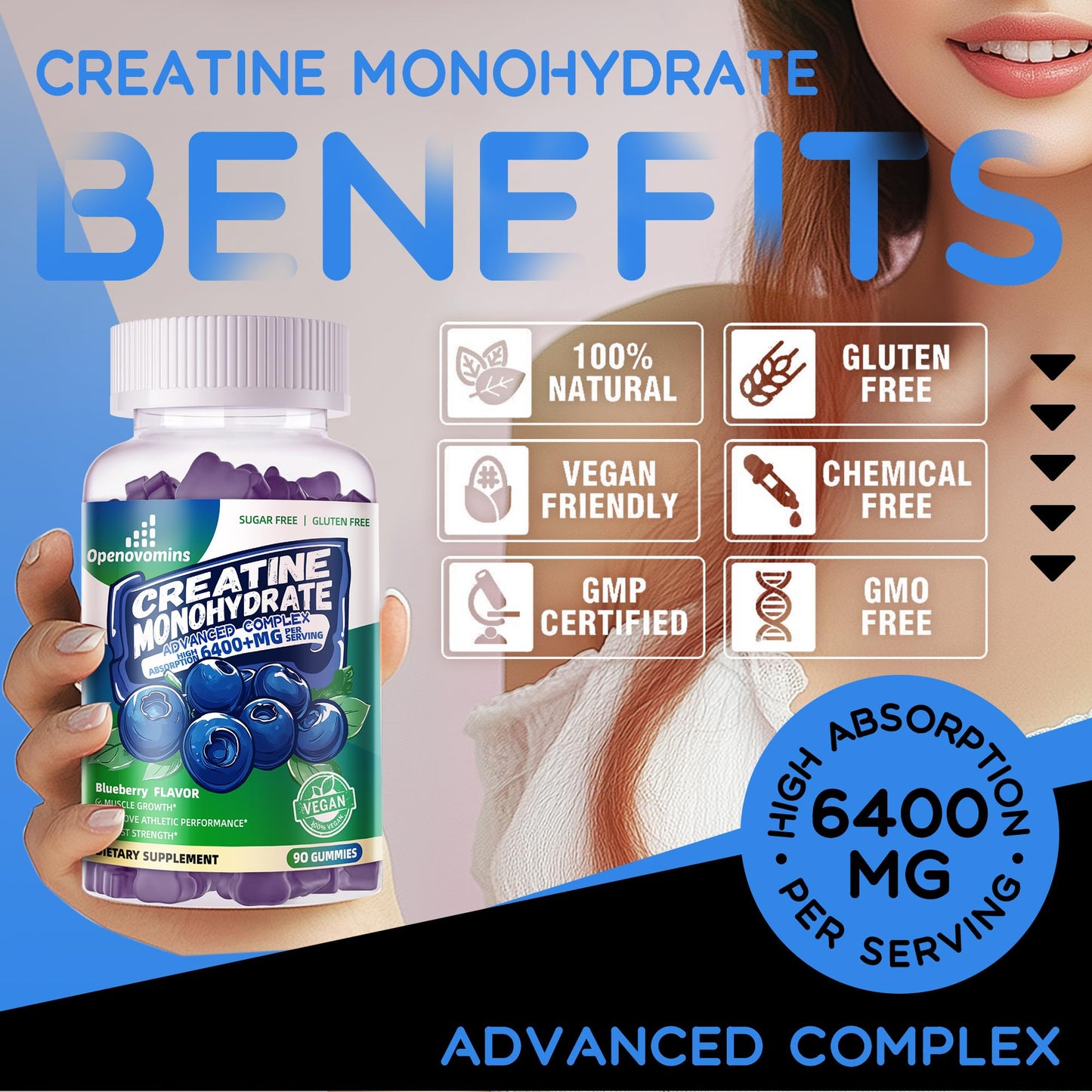 Openovomins Creatine Monohydrate Complex for Men & Women - Advanced Formula W/L-Taurine + Vitamin B12, Sugar Free Chewable Supplement, Gummies, 90 Count