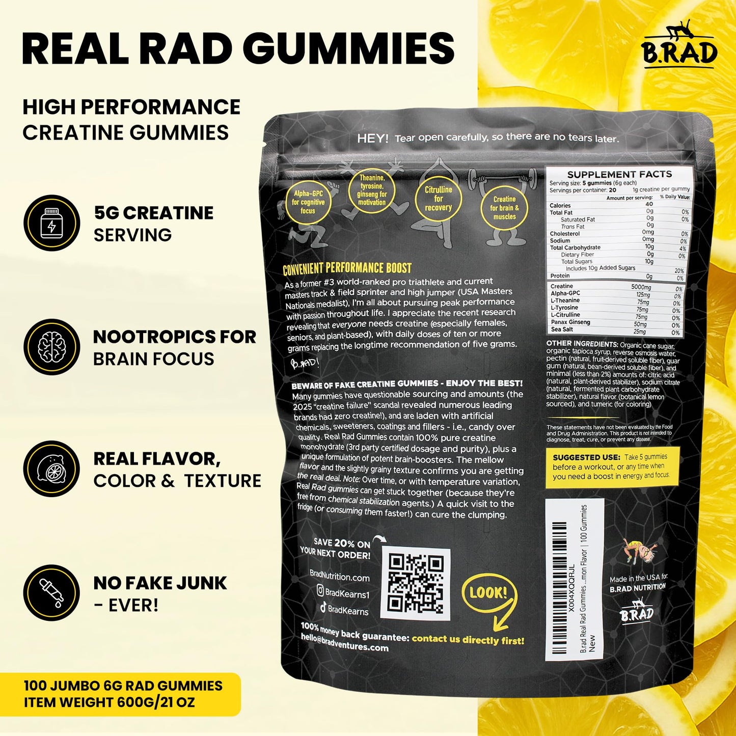 B.rad Real Rad Gummies Creatine Monohydrate + Nootropics for Focus & Muscle Recovery, 100 Gummies