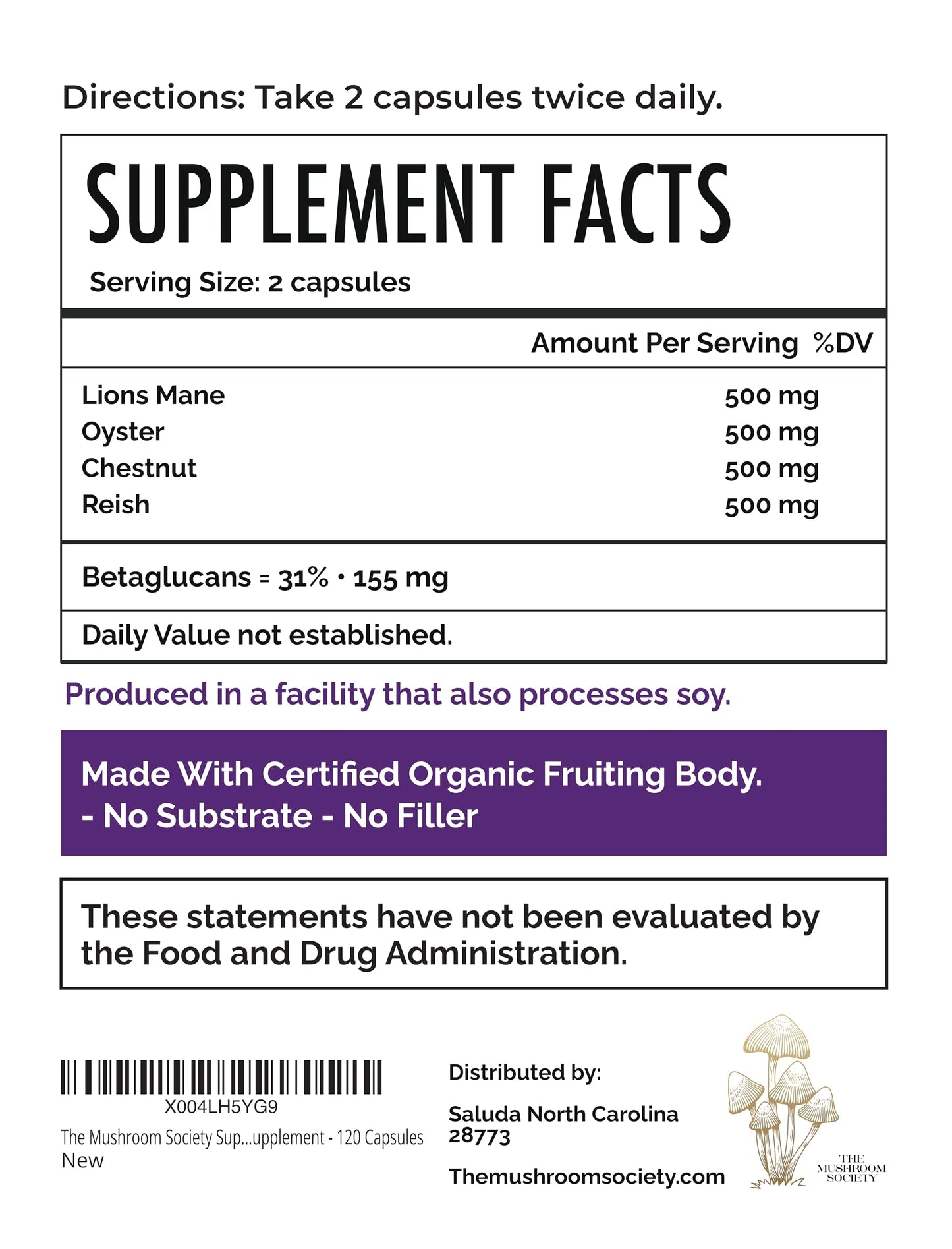 The Mushroom Society Super Stacker 4-in-1 Mushroom Supplement Wellness Blend Capsules 120