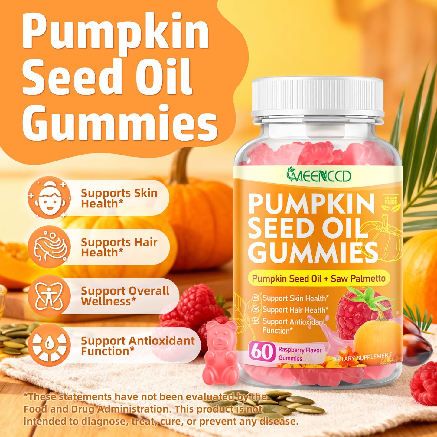MEENCCD Pumpkin Seed Oil Gummies with Saw Palmetto for Hair and Skin Health, Sugar-Free Raspberry Flavor, 120 Count