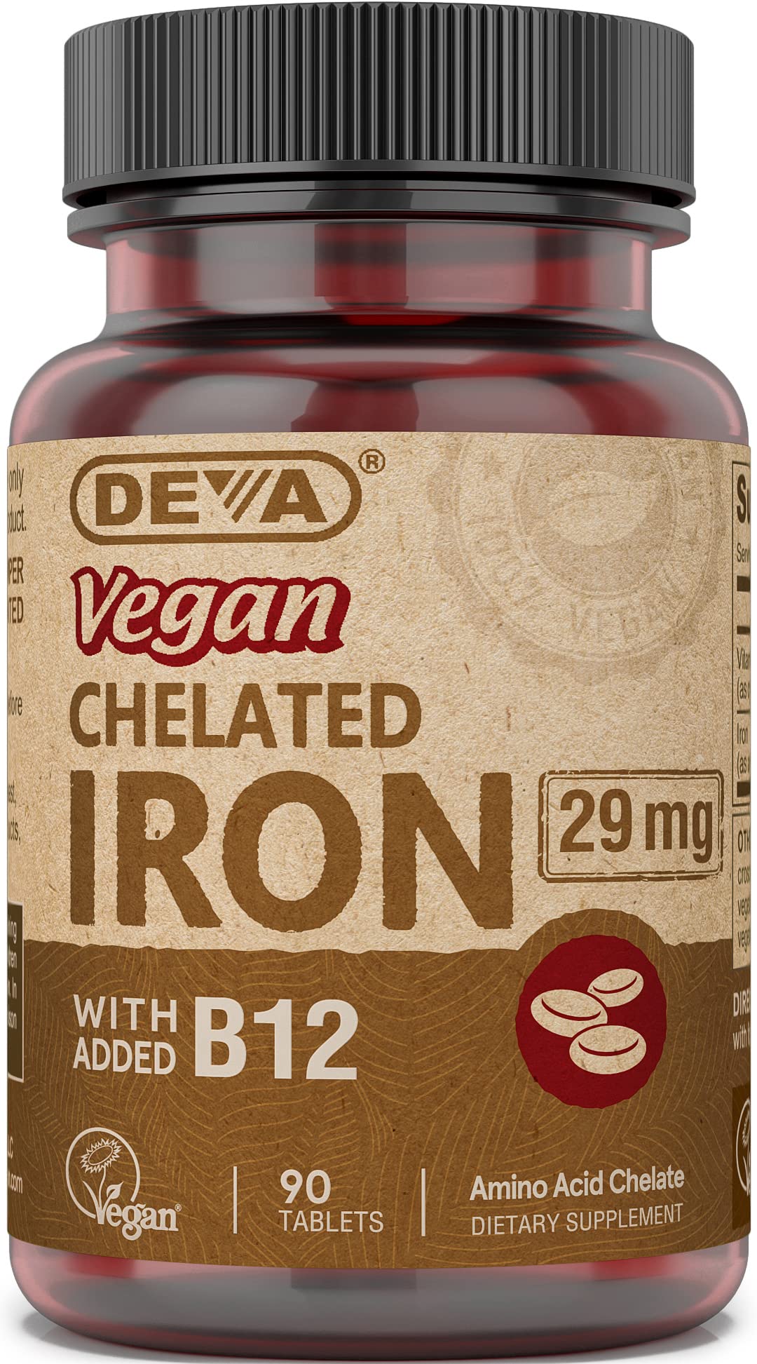 DEVA Vegan Chelated Iron 29 mg with B-12 Tablets, 90 Count