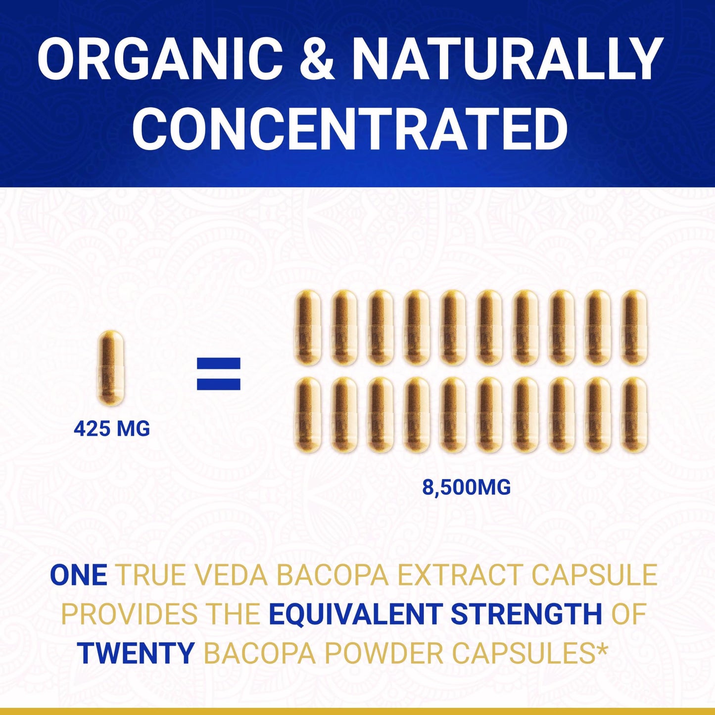 True Veda Bacopa Monnieri 20:1 Brahmi High Strength 50% Bacosides Capsules, 60 Count
