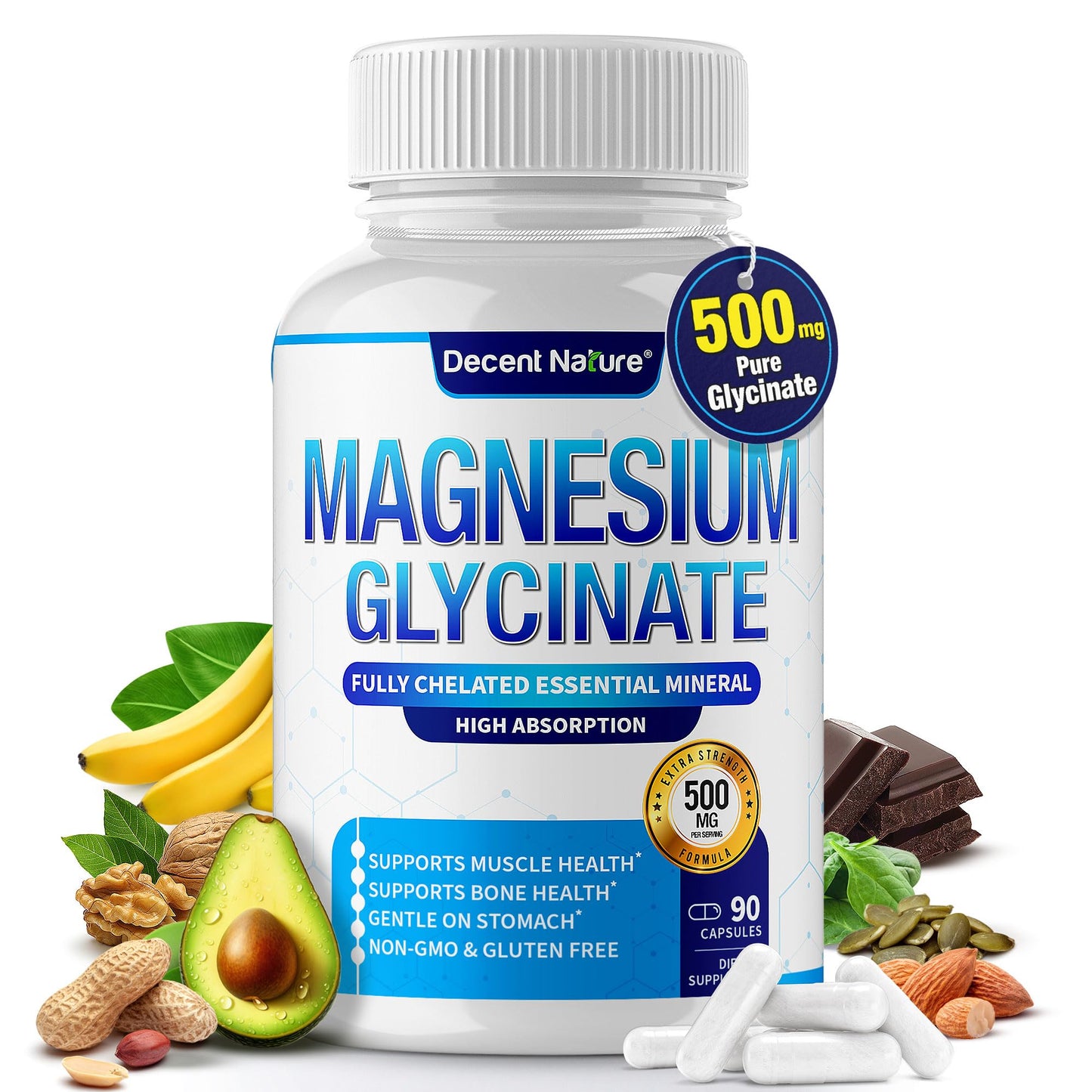 DECENT NATURE Magnesium Glycinate 500mg Magnesium Supplement - Chelated for High Absorption & Bioavailability, Vegan Non-GMO, 90 Capsules