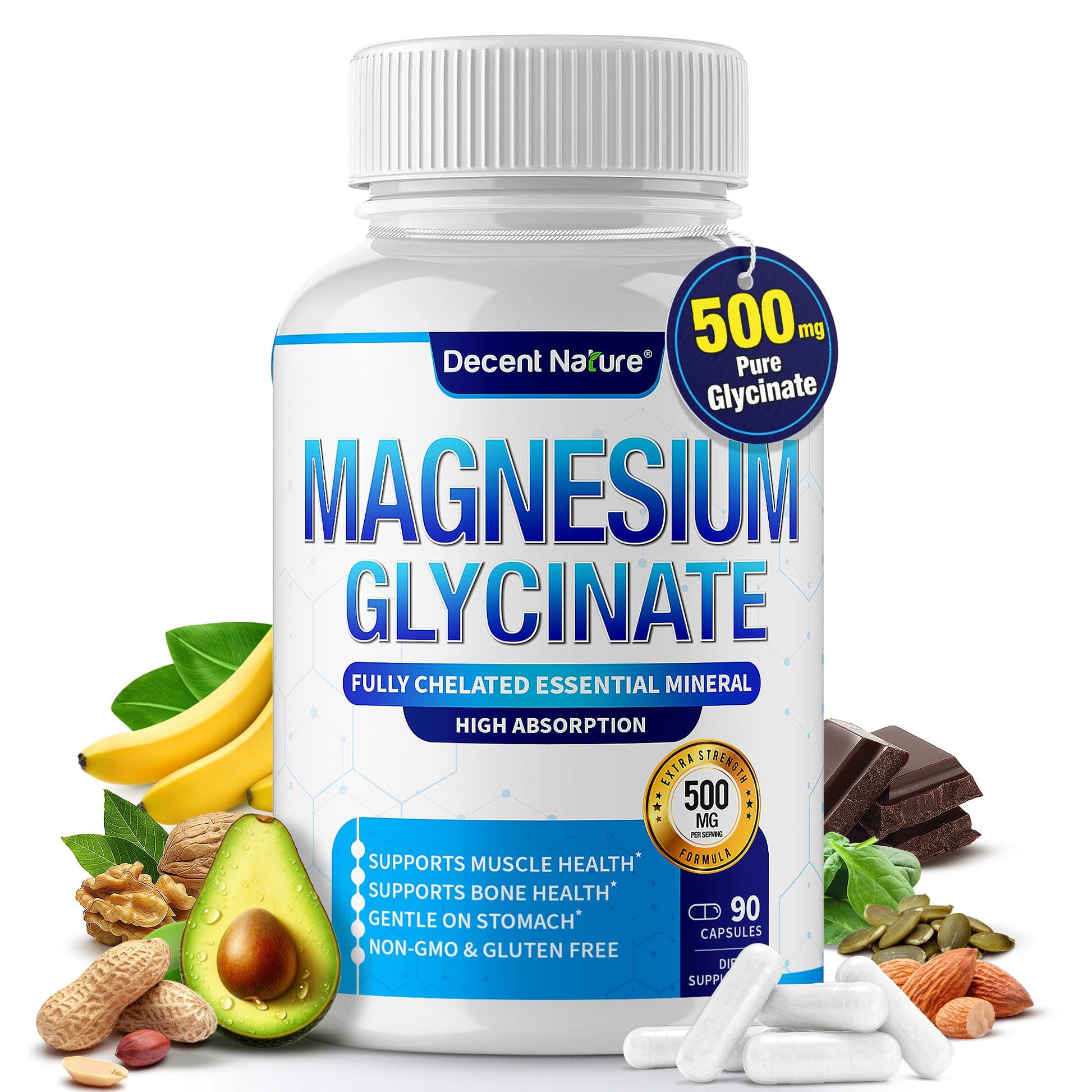 DECENT NATURE Magnesium Glycinate 500mg Magnesium Supplement - Chelated for High Absorption & Bioavailability, Vegan Non-GMO, 90 Capsules