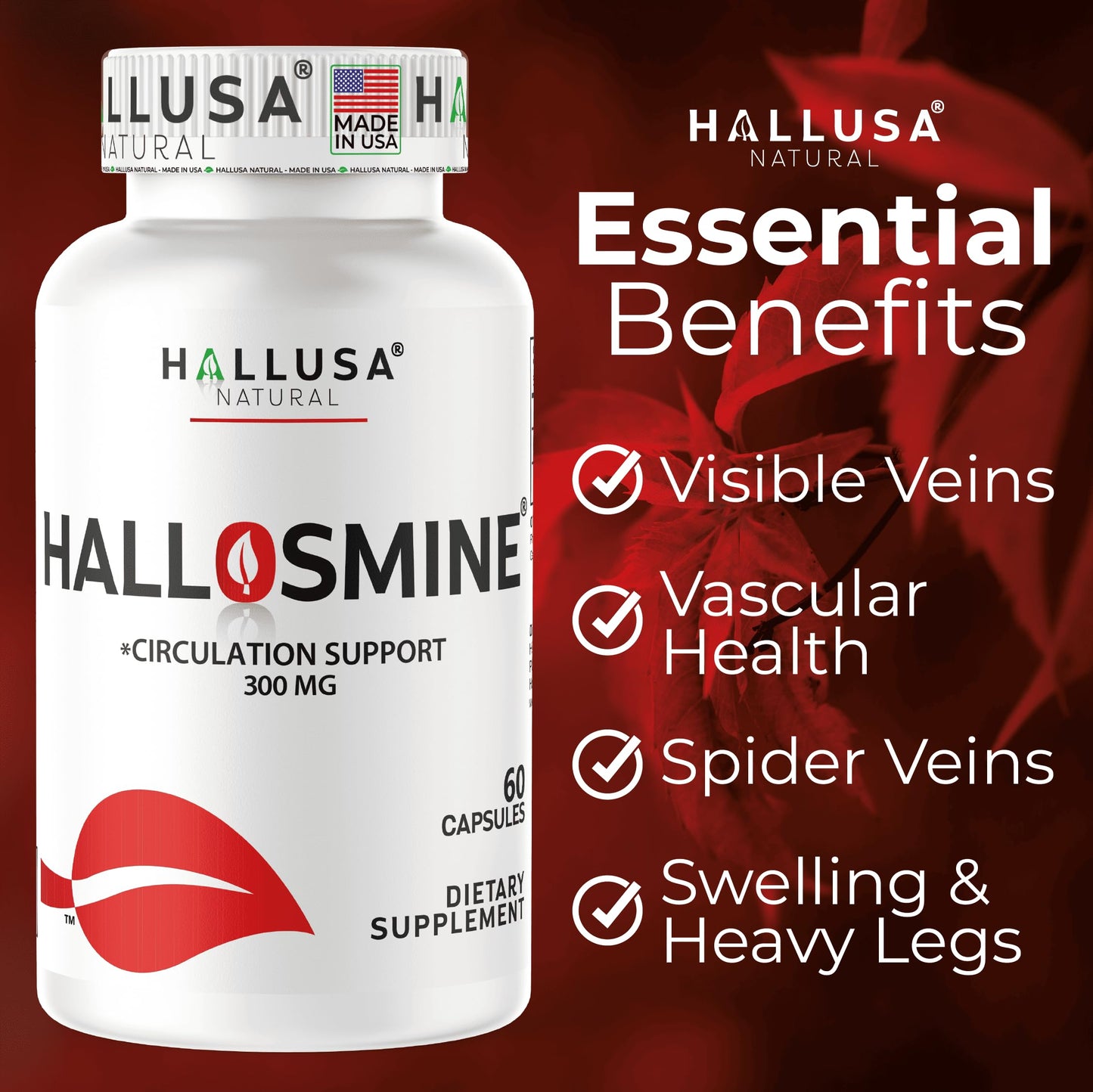Hallusa Natural Hallosmine Diosmin 300 mg Supplement Capsules 60 Count