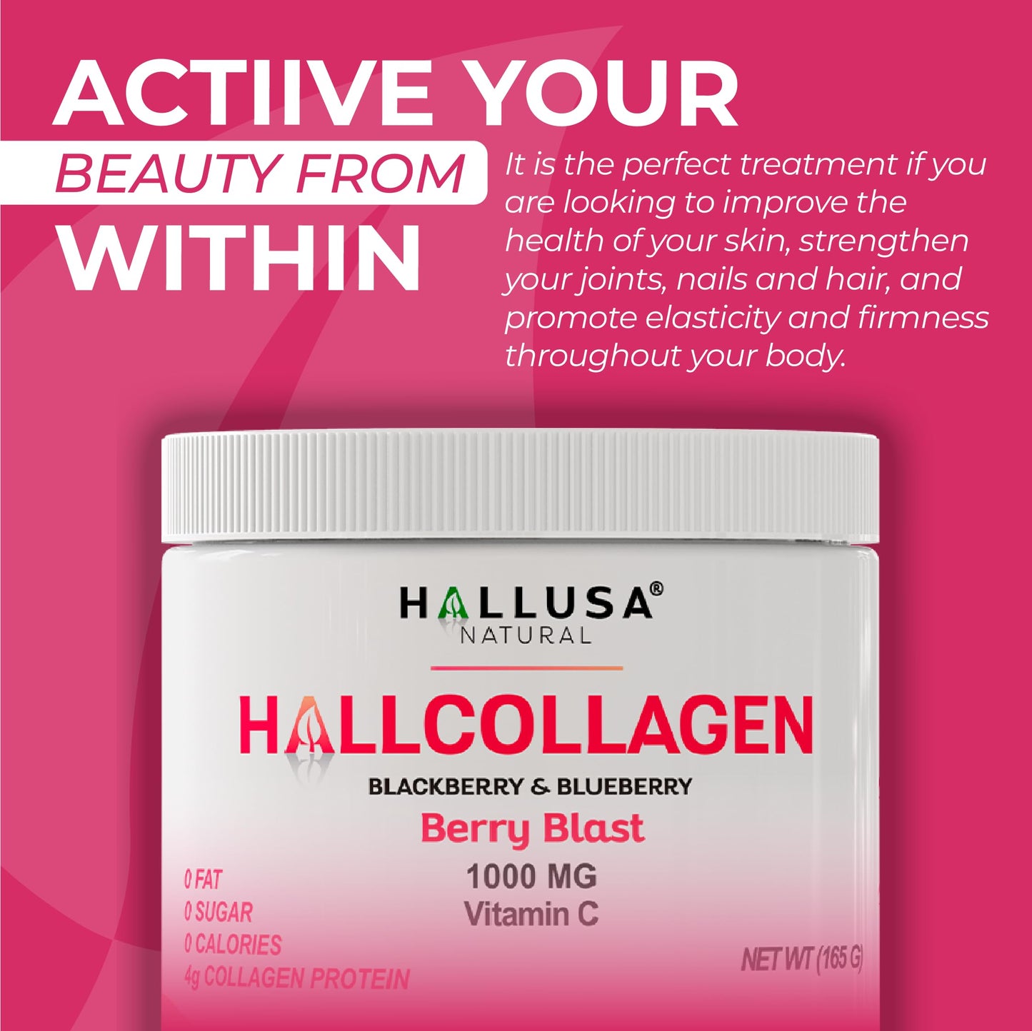 Hallusa Natural HallCollagen Collagen Peptides + Vitamin C Berry Blast Flavor, 5.82 oz Powder