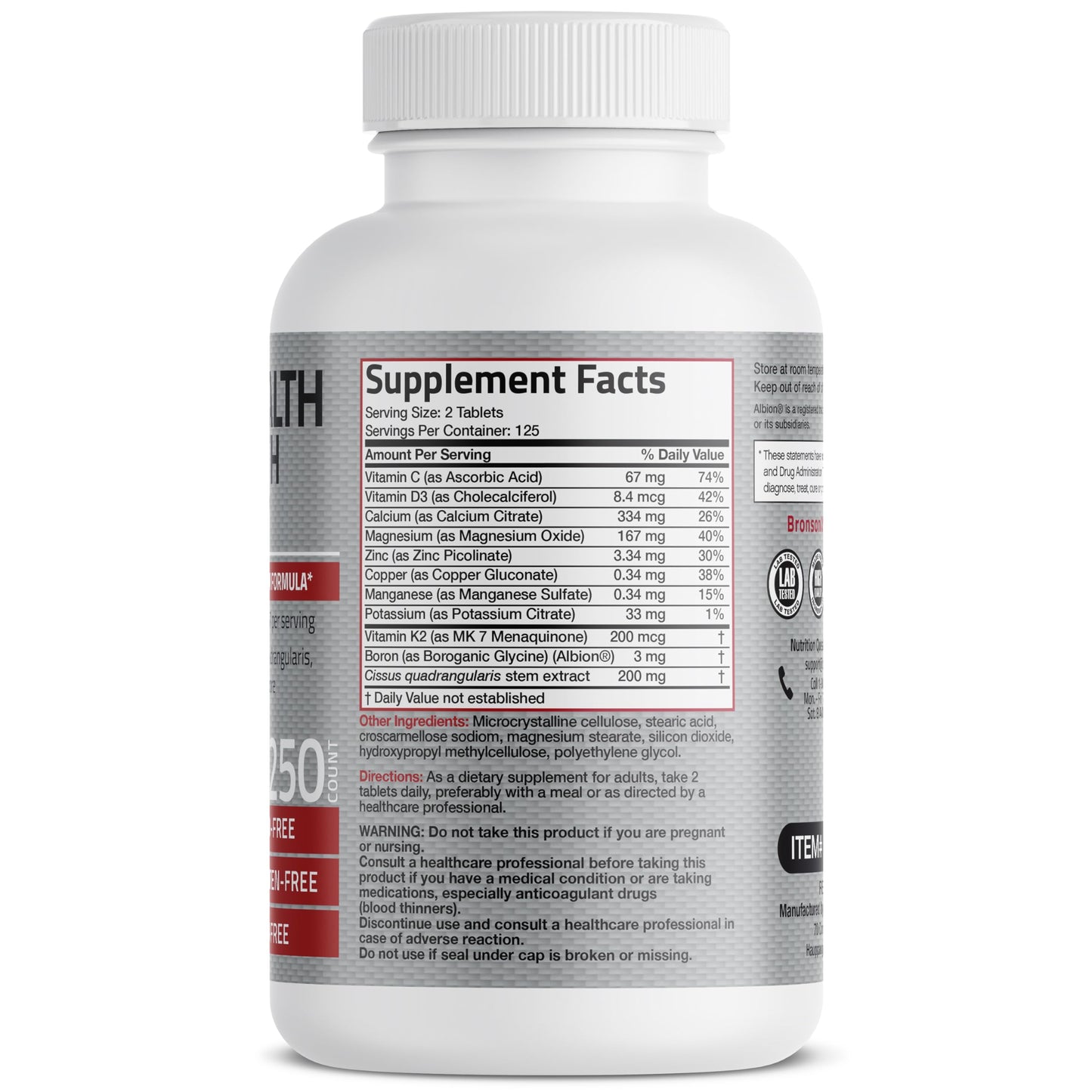 Bronson Bone Health & Strength Complex High Potency Formula 200 mcg Vitamin K2 as MK7, Plus Calcium, Boron, Cissus Quadrangularis, Magnesium, Vitamin D3, and More - Non-GMO, 250 Tablets