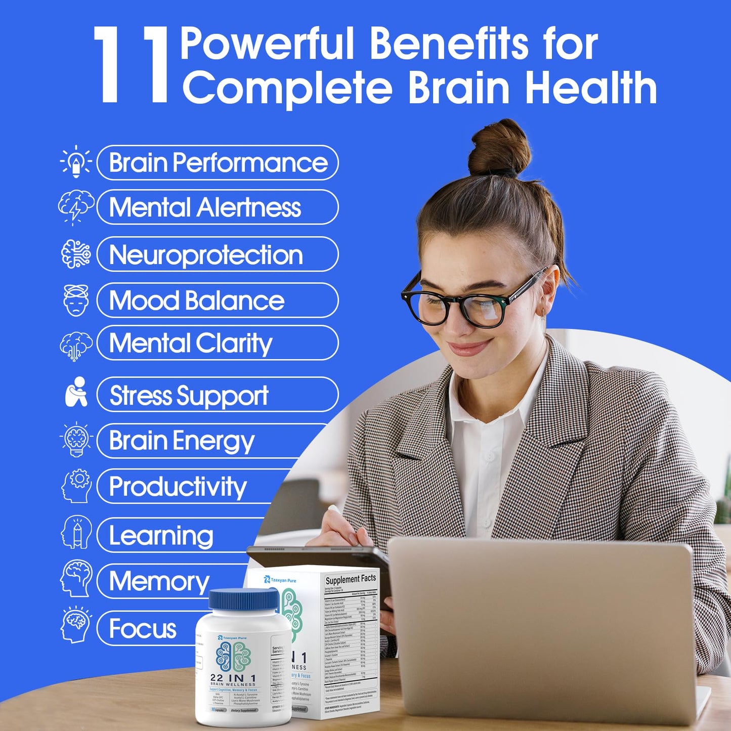 Tzaxyan Pure Brain Supplements for Memory and Focus - 22-in-1 Brain Supplement with Alpha GPC, Citicoline, Vitamin B12, Bacopa, Lion’s Mane, DHA - Brain Health for Clarity, Energy & Cognitive Support, 90 Capsules