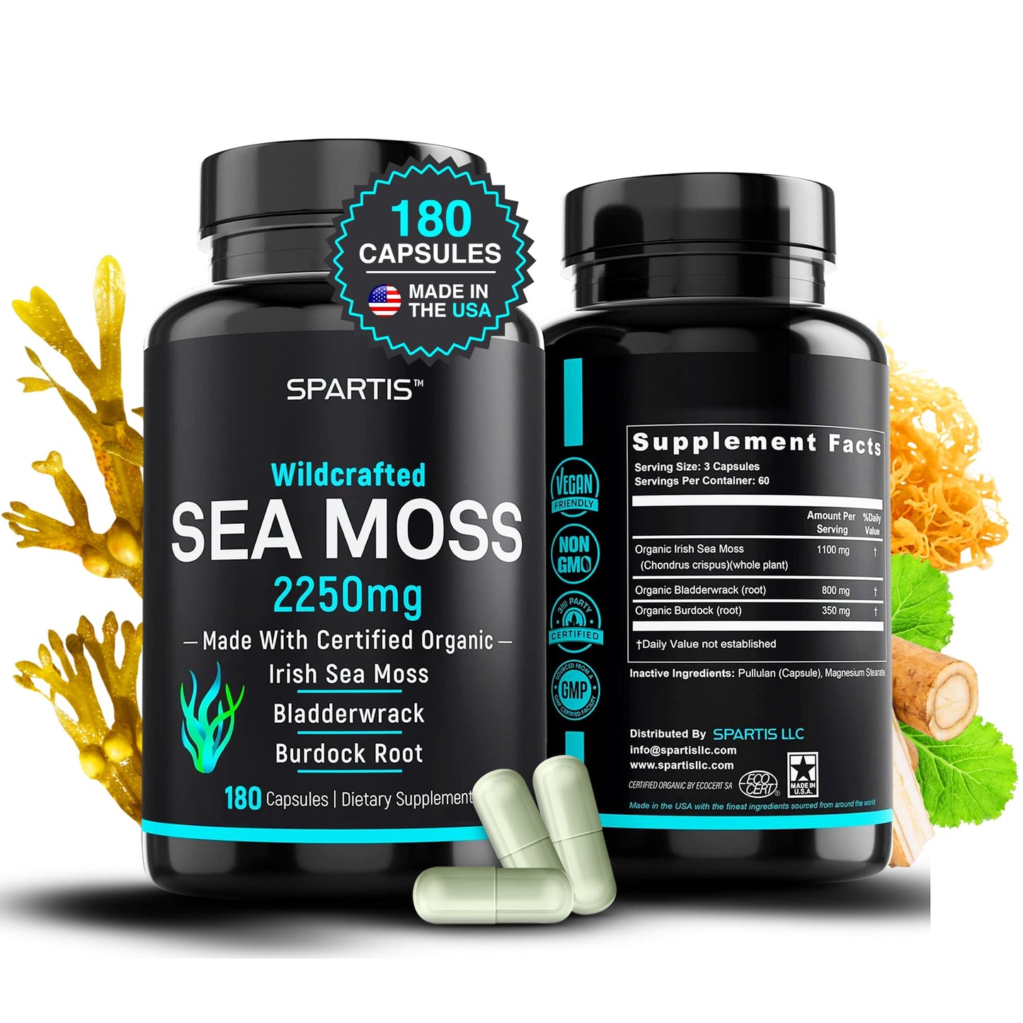SPARTIS Certified Organic Sea Moss Capsules 2250mg Wildcrafted Irish Sea Moss with Burdock Root and Bladderwrack, 180 Capsules