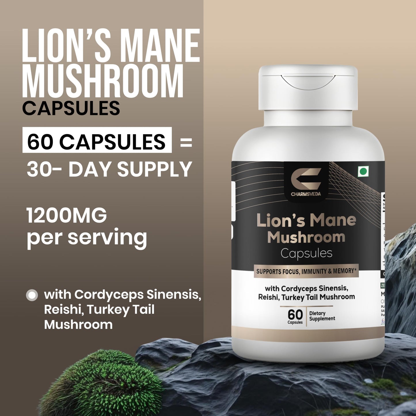 CHARMSVEDA Lion's Mane Mushroom Capsules with Cordyceps, Reishi & Turkey Tail – Mushroom Complex for Brain & Focus Support, Immune Support, Memory & Overall Wellness, 60 Capsules
