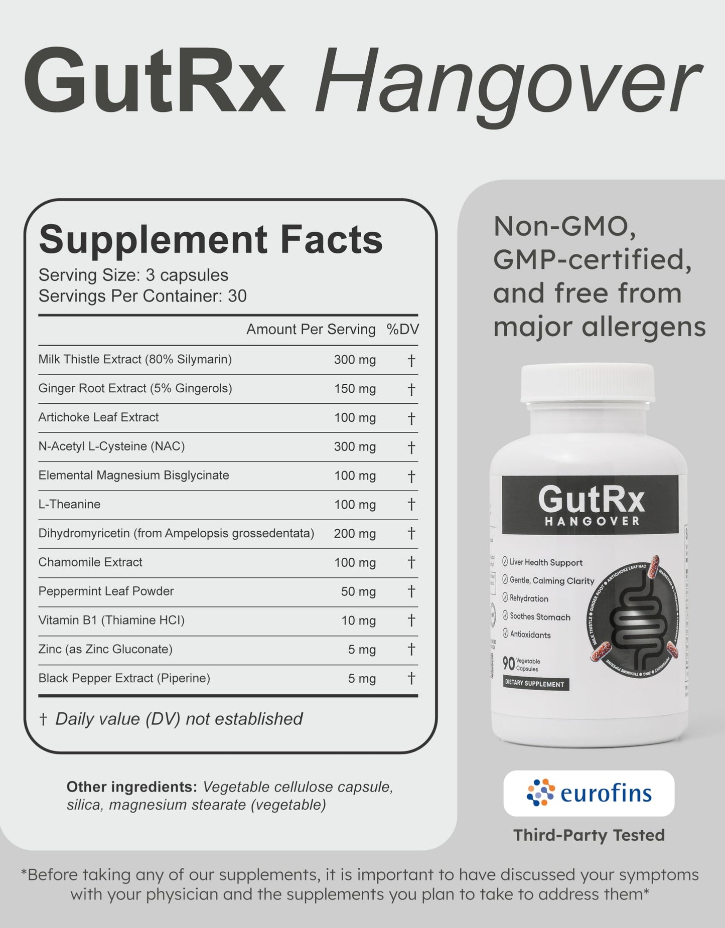GutRx Recovery Support Supplement – Digestive & Nervous System Support with Milk Thistle, NAC, Magnesium & B Vitamins Capsules, 30 Count