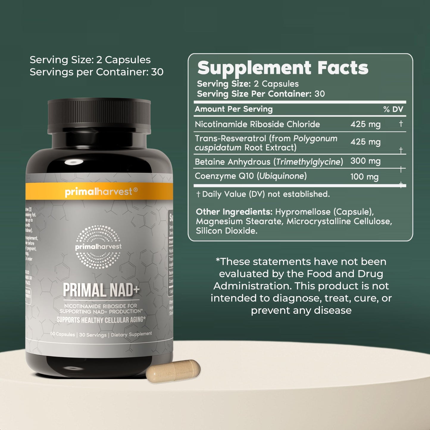 Primal Harvest NAD+ Supplement Capsules, 120 Capsules