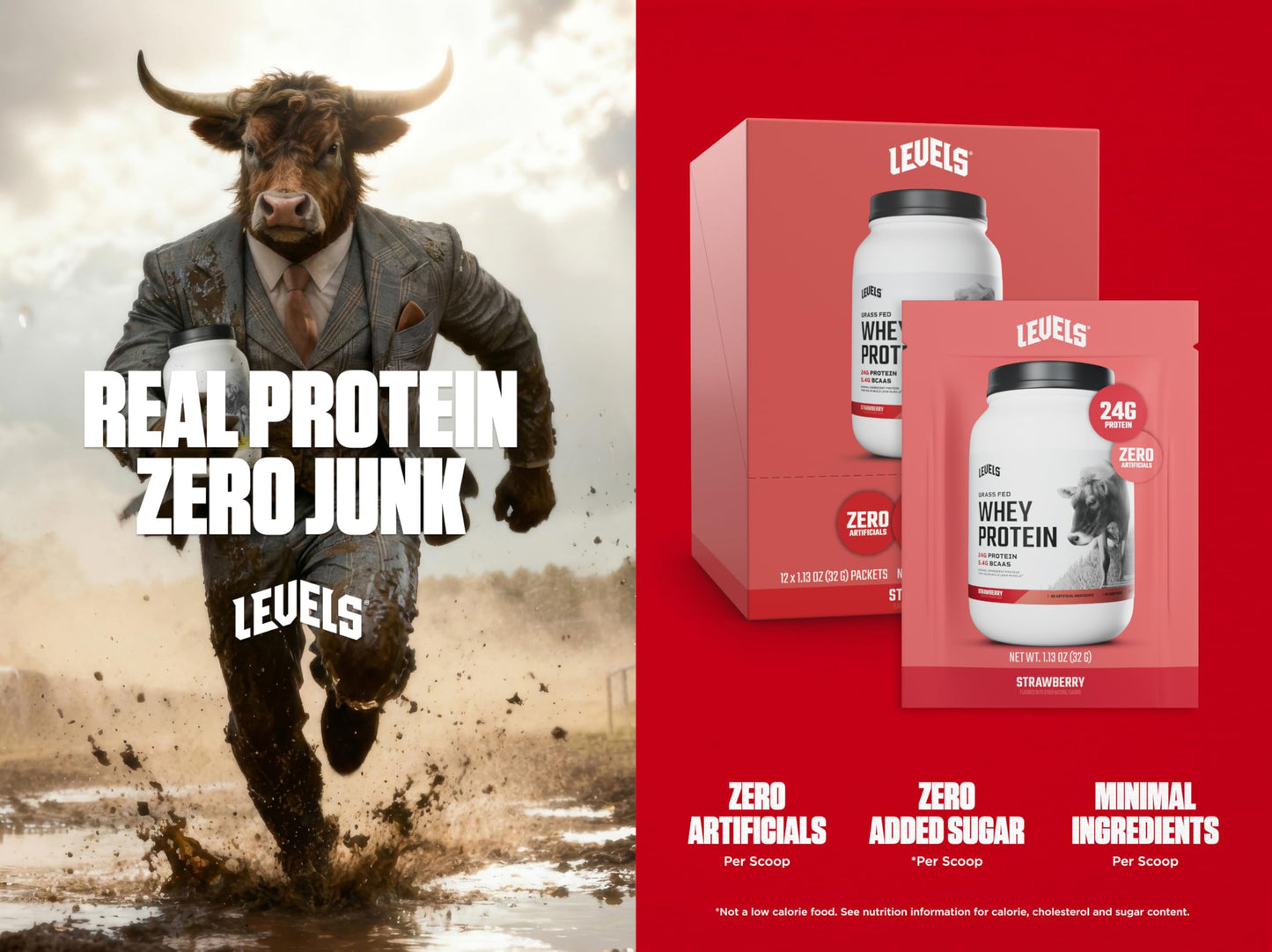 Levels Nutrition Grass Fed Whey Protein Powder Strawberry 14 Count