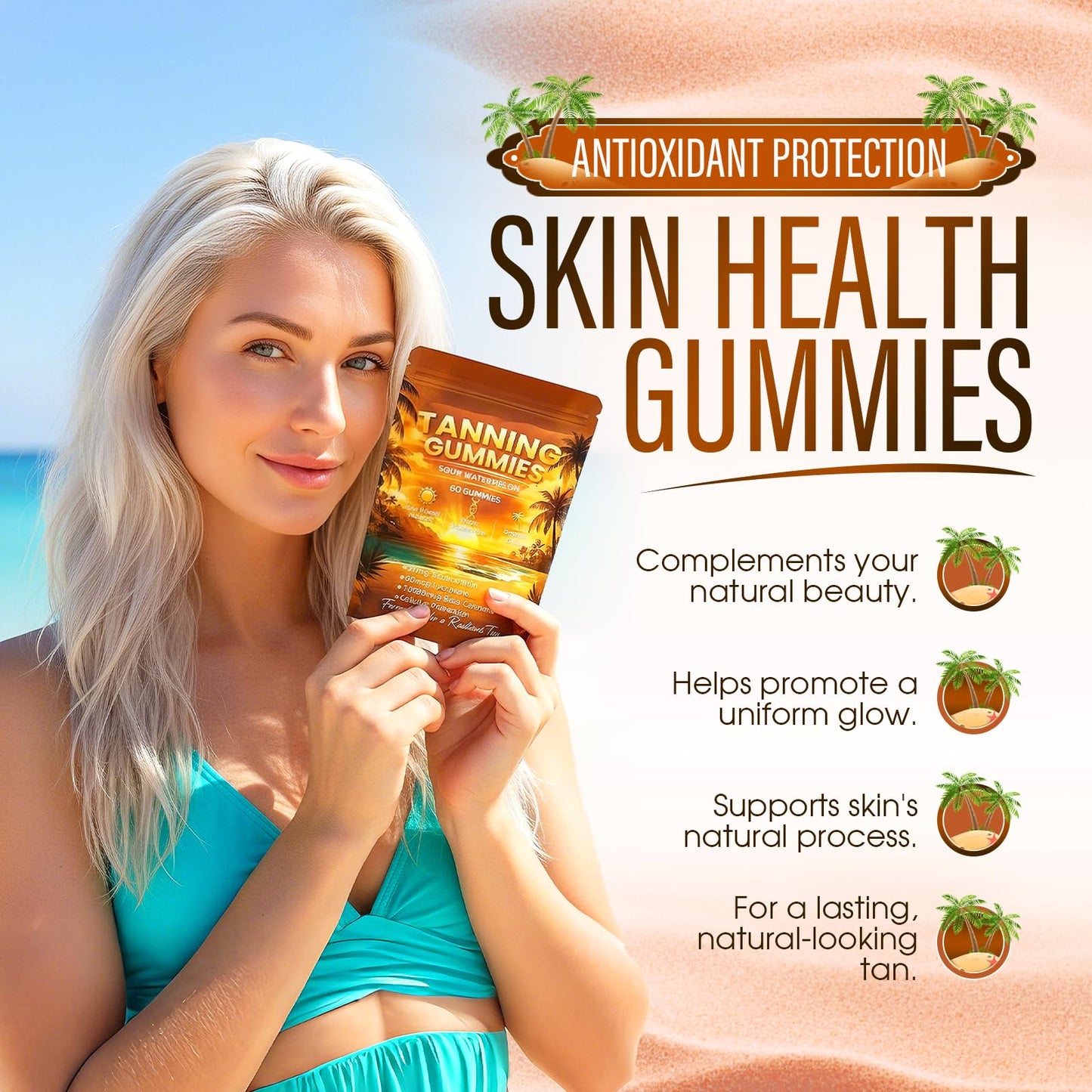 Voluglow Tanning Gummies with Vitamin C & E, Astaxanthin, Beta Carotene, Supports Skin Health, Gentle for Various Skin Types, 60 Gummies