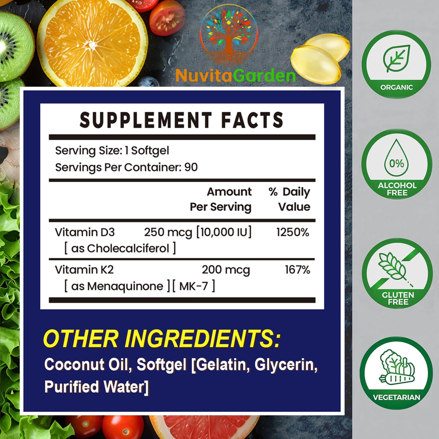 NuvitaGarden Vitamin D3 10,000 IU + K2 MK-7 200 mcg Softgels, 90 Count