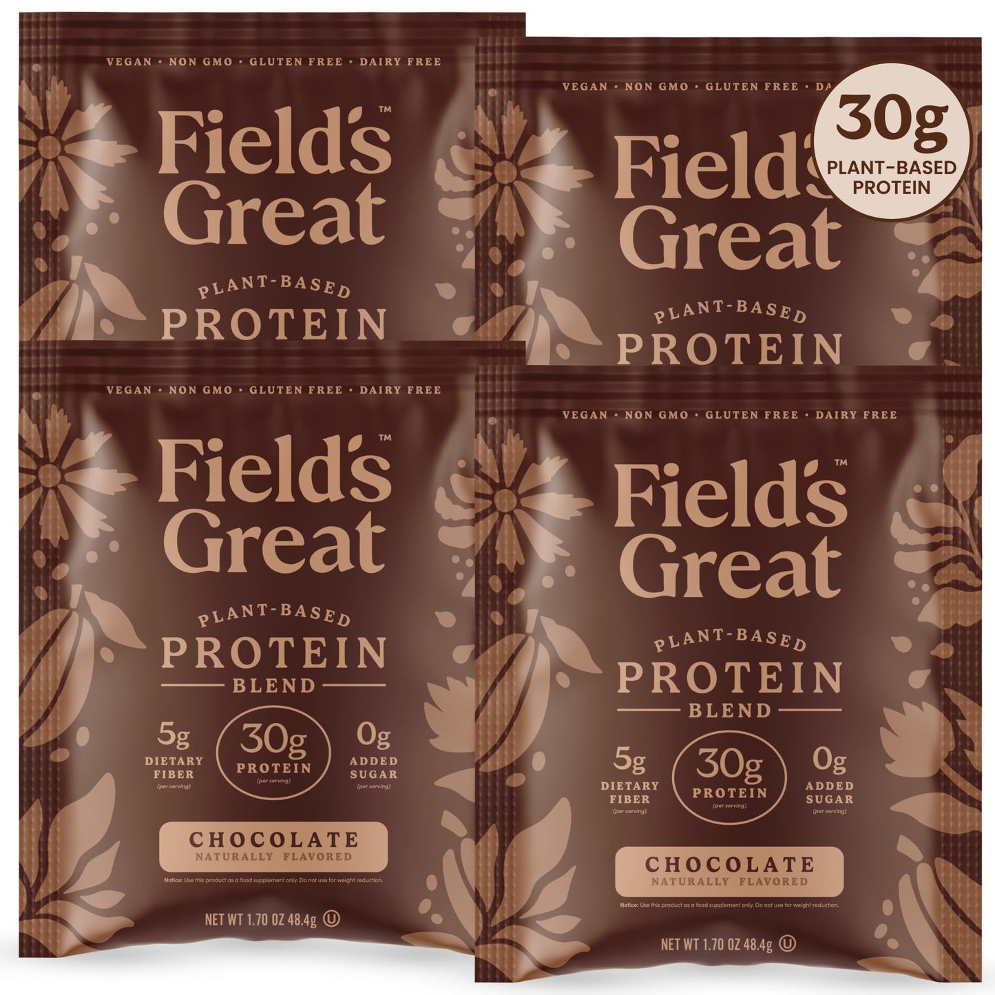 Field's Great Plant-Based Protein with Fiber Protein Powder, Chocolate, 6.8 oz (Pack of 4)