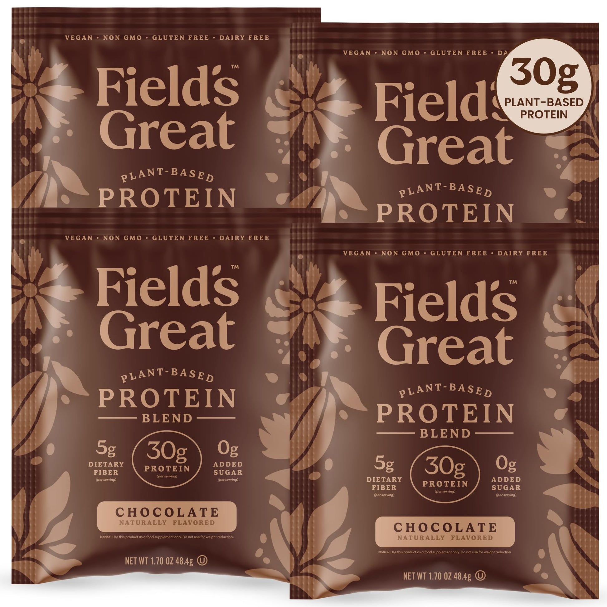 Field's Great Plant-Based Protein with Fiber Protein Powder, Chocolate, 6.8 oz (Pack of 4)