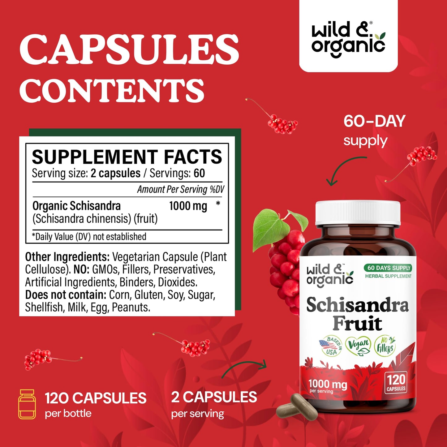 Wild & Organic Schisandra Berry 1000 mg Capsules, 120 Count