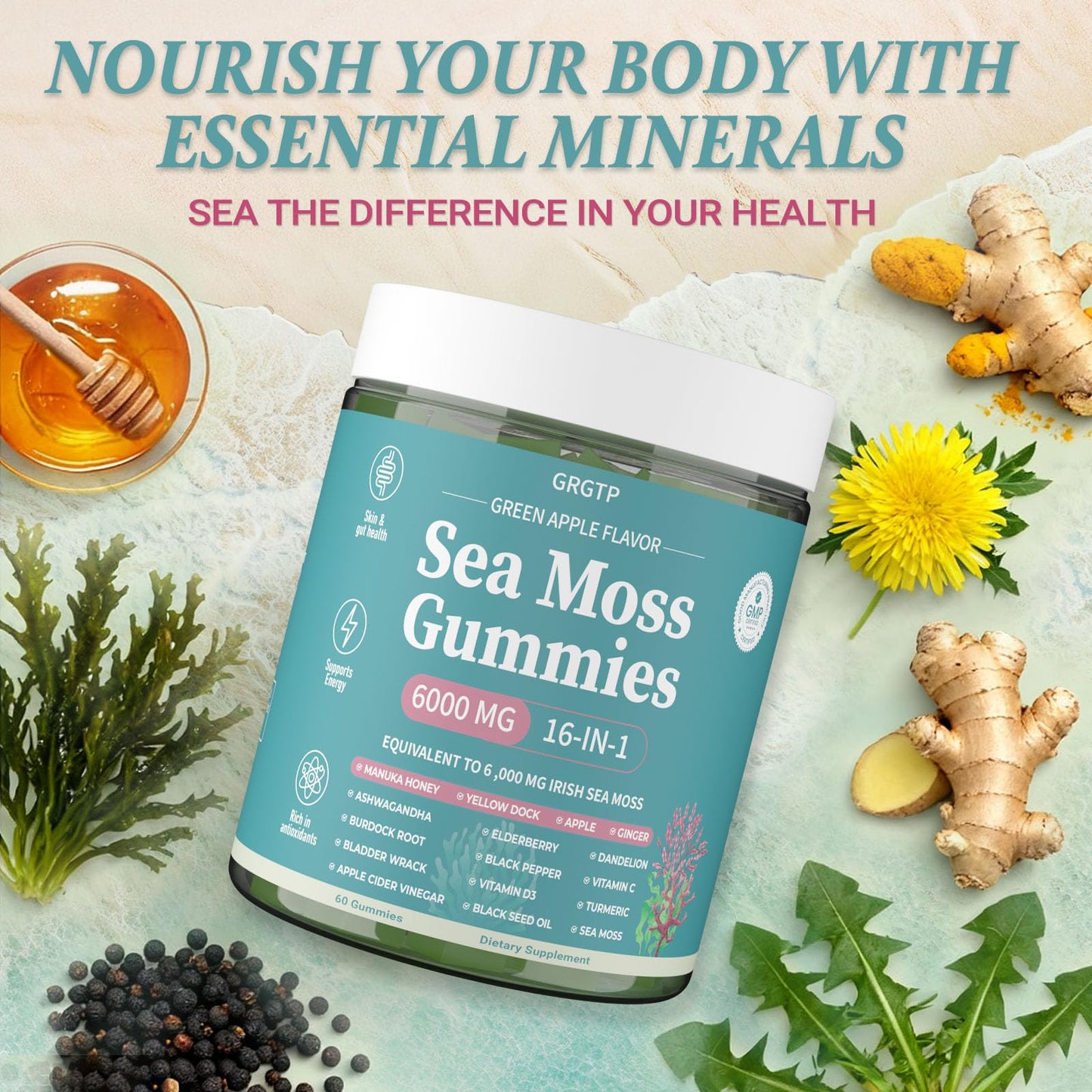 GRGTP Sea Moss Gummies 16-In-1 Gummy 60 Count