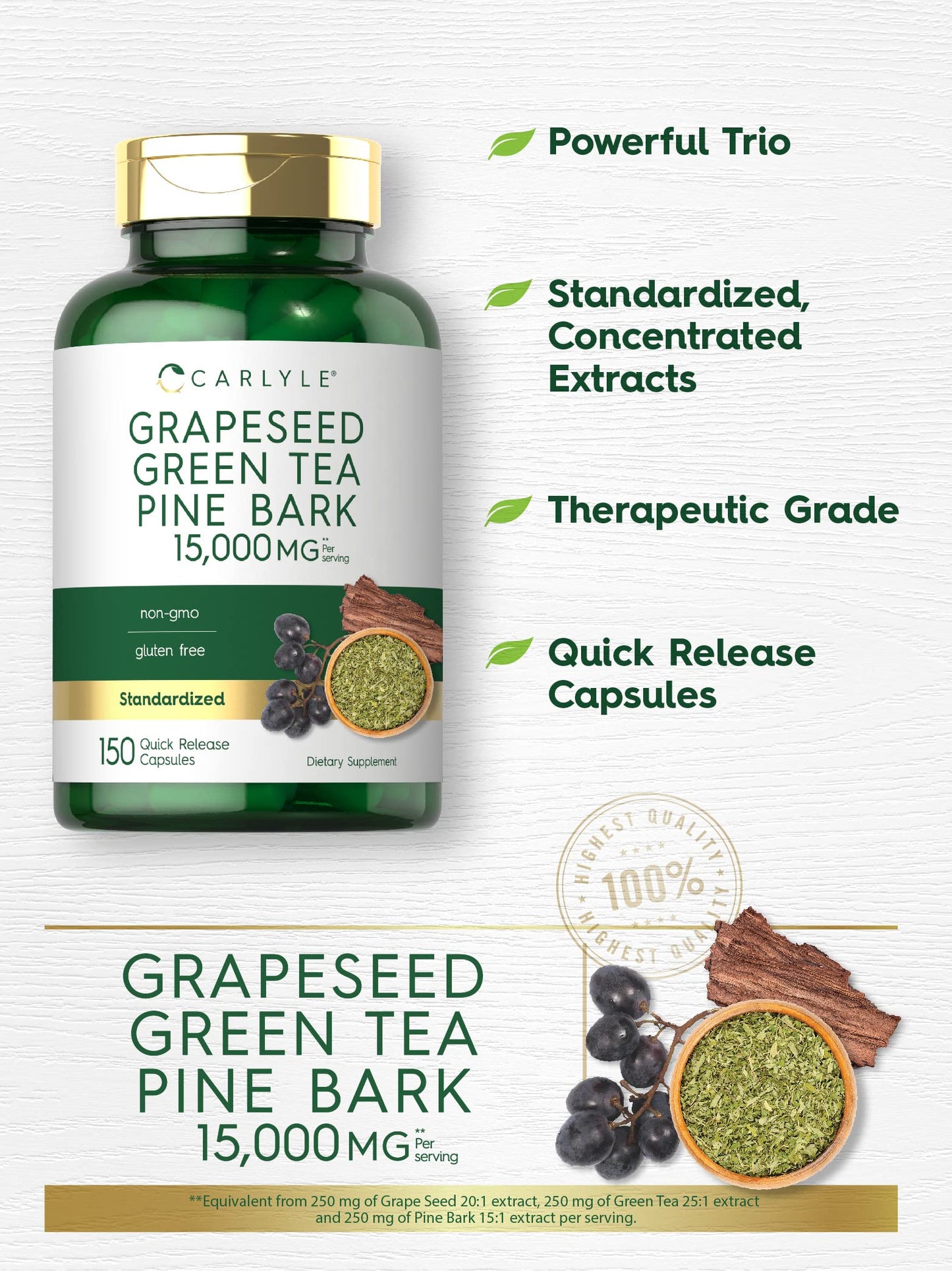Carlyle Grape Seed Green Tea & Pine Bark Complex Capsules, 150 Count