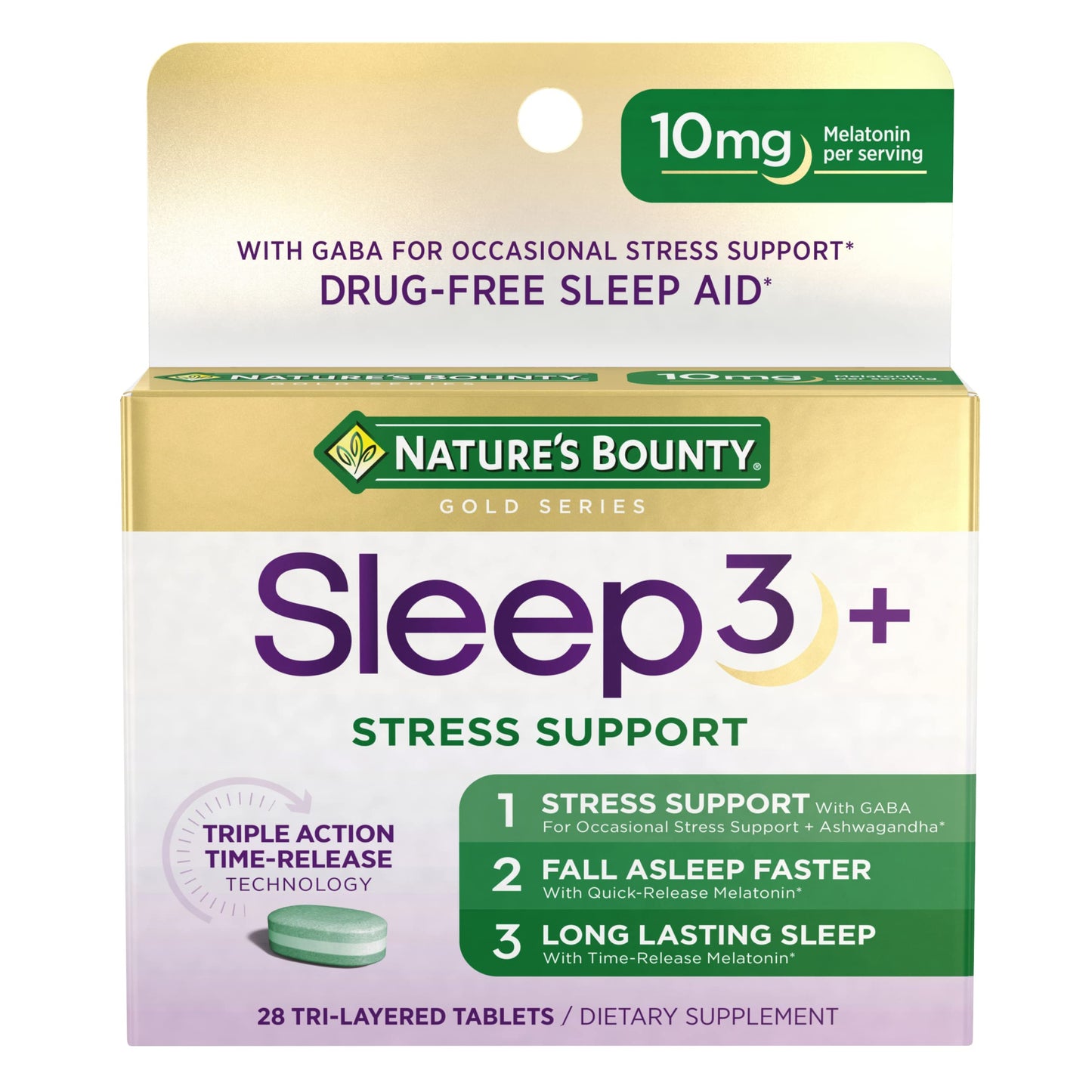 Nature's Bounty Sleep + Stress Support Sleep3 Maximum Strength 100% Drug Free Sleep Aid, Dietary Supplement with Ashwagandha, Time Release Technology, 10mg, 28 Tablets
