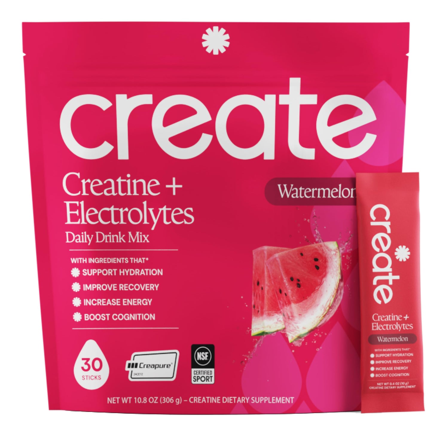 Create Creatine + Electrolytes – Energy & Strength – Watermelon Powder 10.6 oz (Pack of 30)