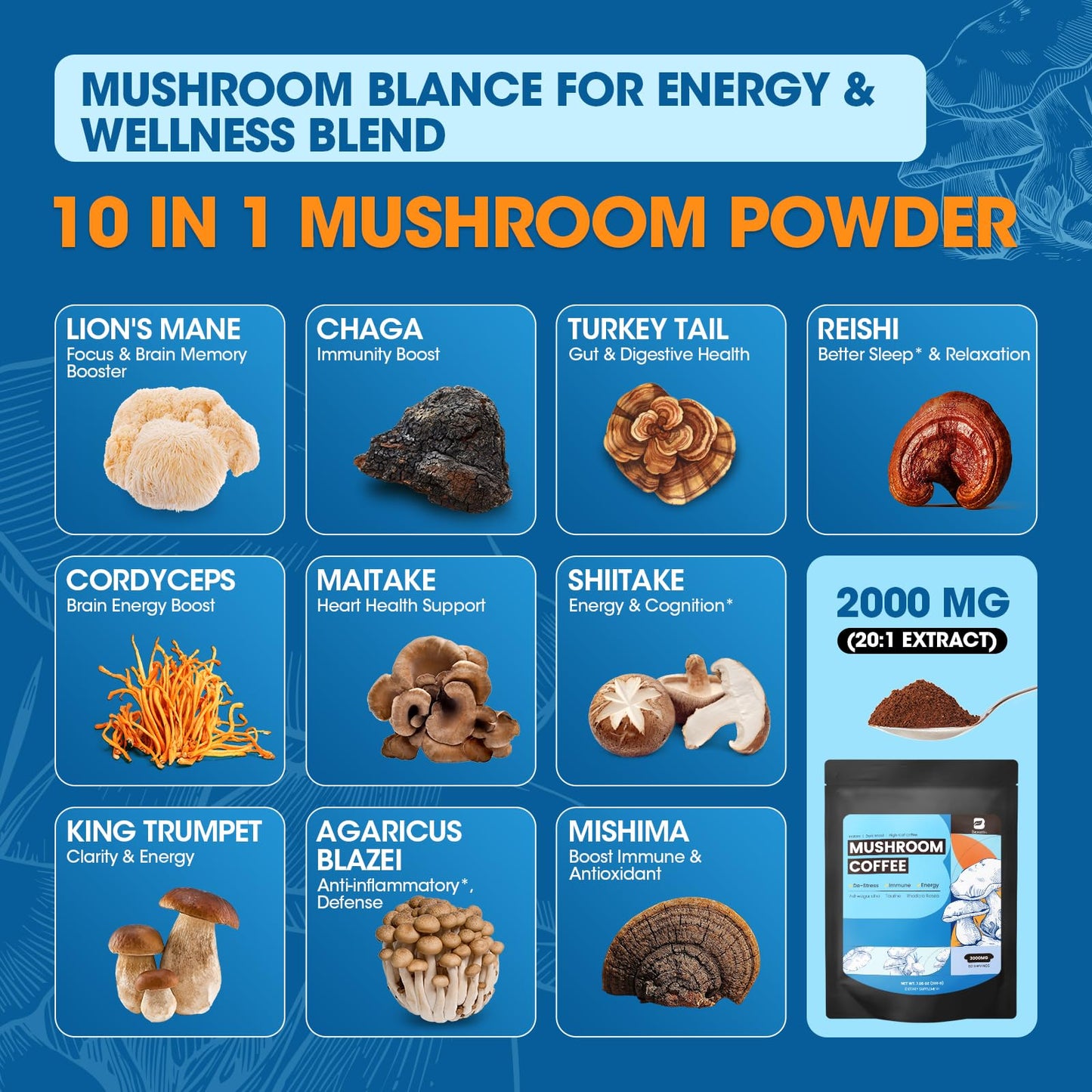 B BEWORTHS Mushroom Coffee Powder with Ashwagandha, L-theanine, Lion's Mane, Reishi, Chaga, Cordyceps, Turkey Tail, Ginseng | Arabica Instant Coffee for Immunity, Brain Focus, Gut Health 7.05 Ounce