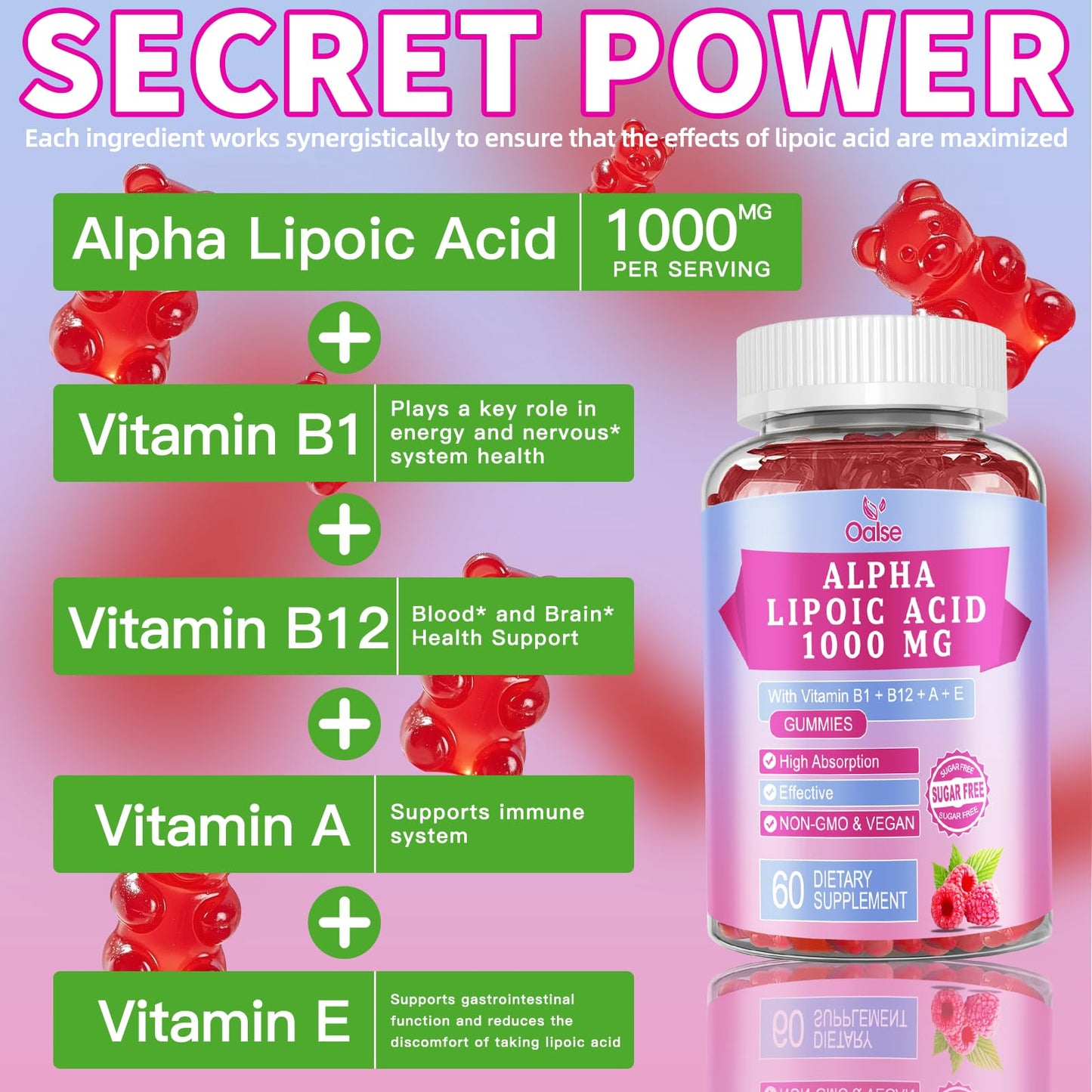 OALSE Alpha Lipoic Acid Gummies 1000mg with Vitamin B1, B12, ALA Supplement, 60 Count