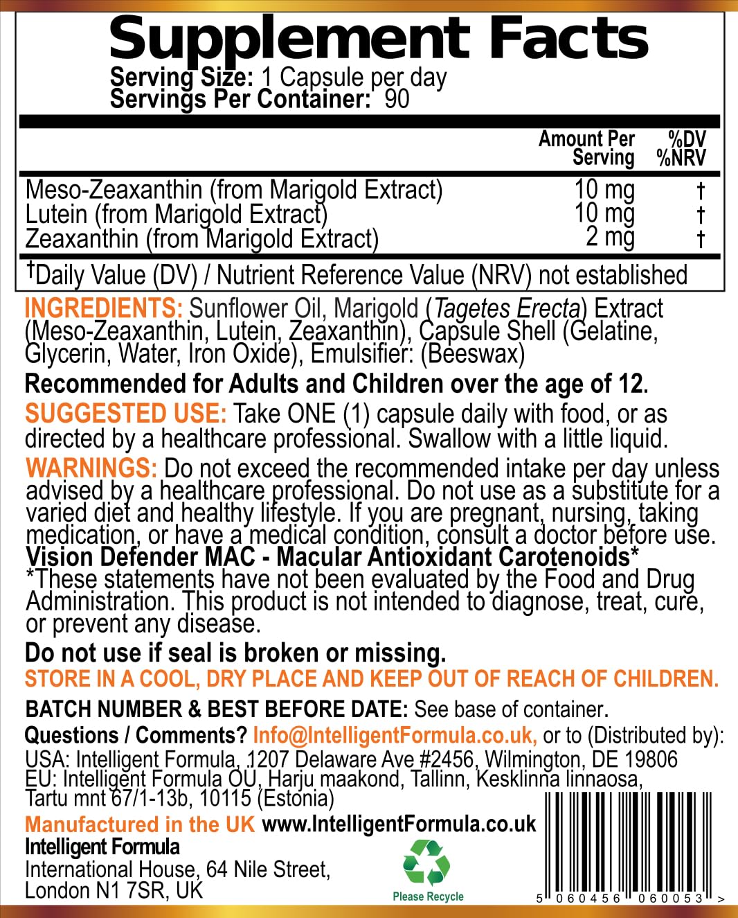Intelligent Formula Vision Defender MAC Triple Carotenoid Eye Supplement Softgel 90 Count