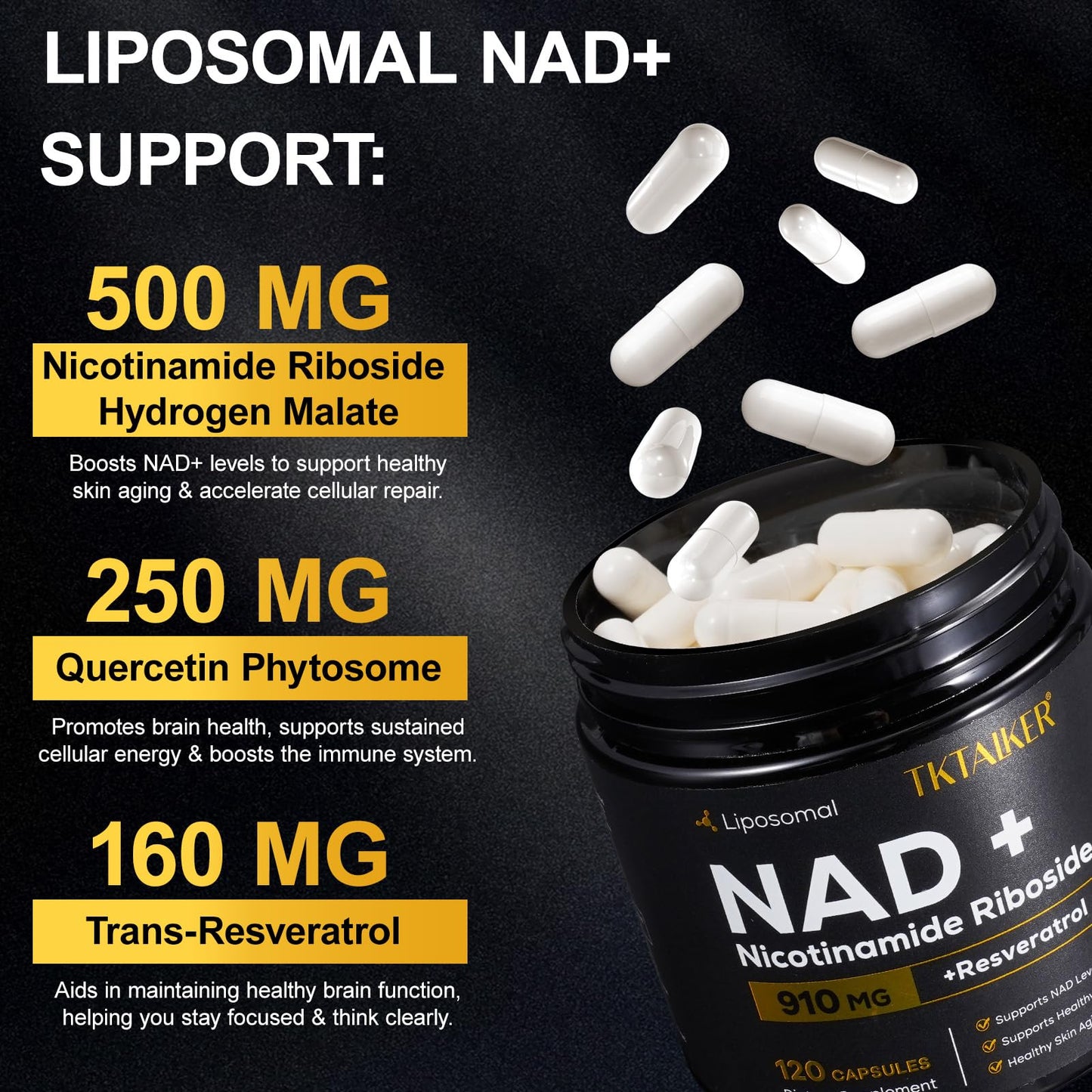 TKTALKER NAD Supplement 910mg Liposomal Nicotinamide Riboside with Resveratrol & Quercetin, 120 Capsules