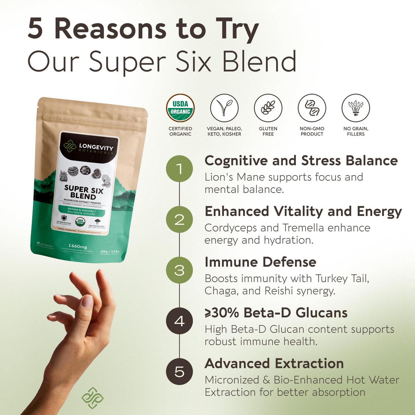 Longevity Botanicals Organic Super Six Mushroom Powder Supplement Extract | Full-Spectrum Blend, 3.5 Ounce