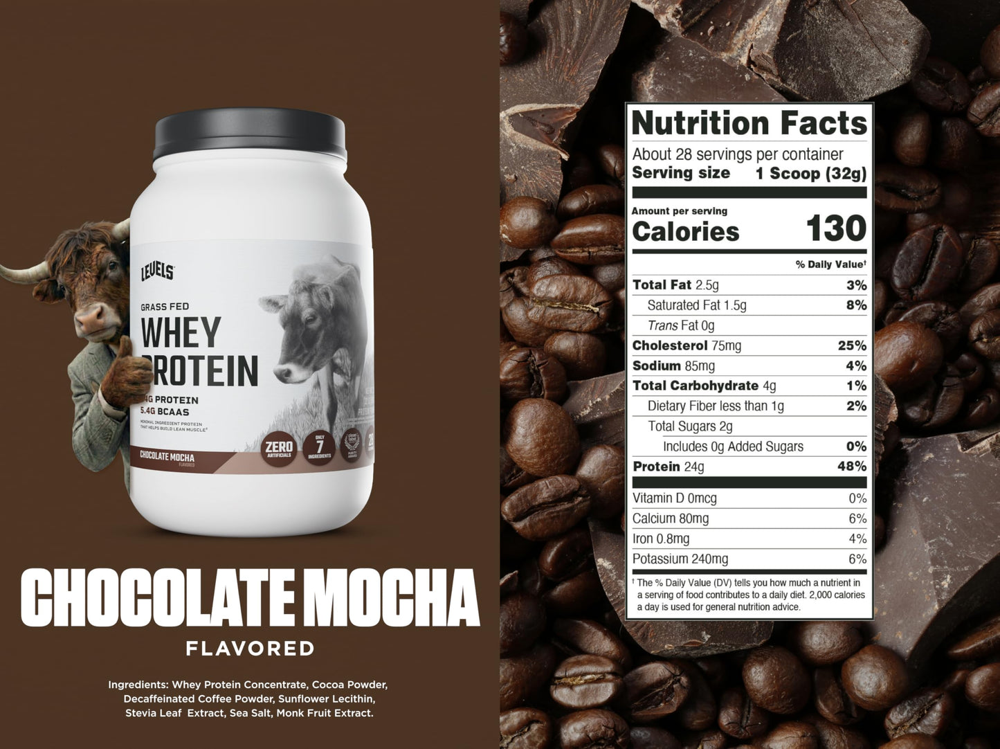 Levels Grass Fed Whey Protein Powder, Chocolate Mocha, 32 Servings
