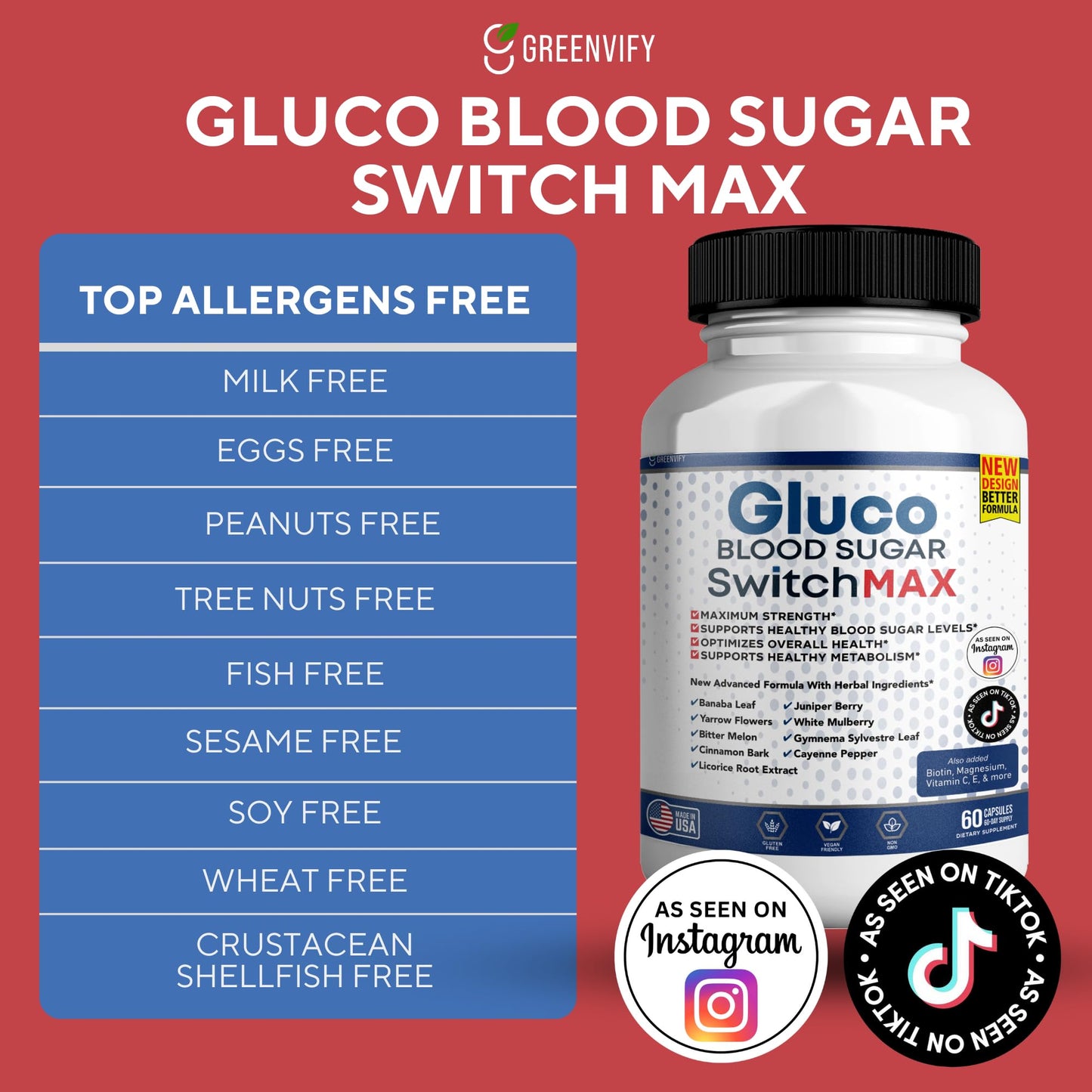 GREENVIFY Gluco Blood Sugar Switch Max All Natural Formula 60 Capsules