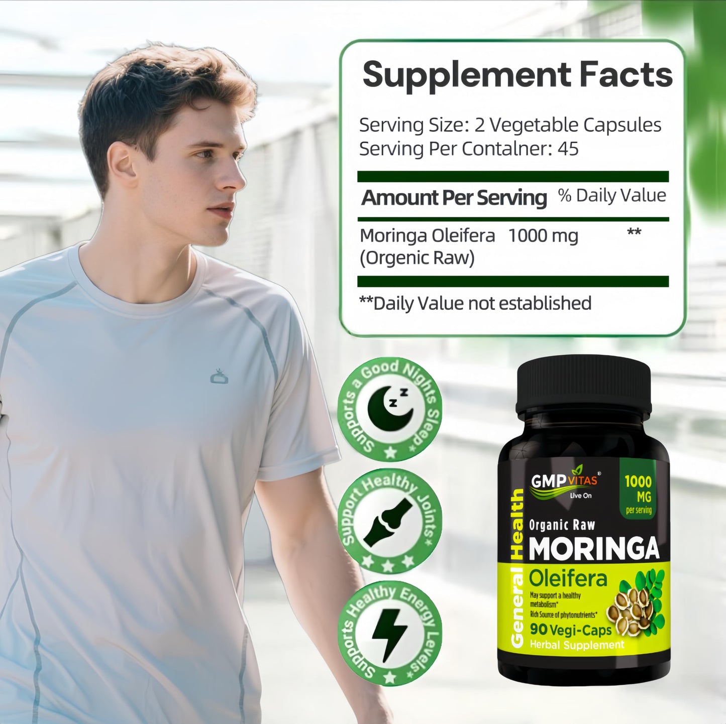 GMP Vitas Organic Moringa 1000mg Capsules, 90 Capsules
