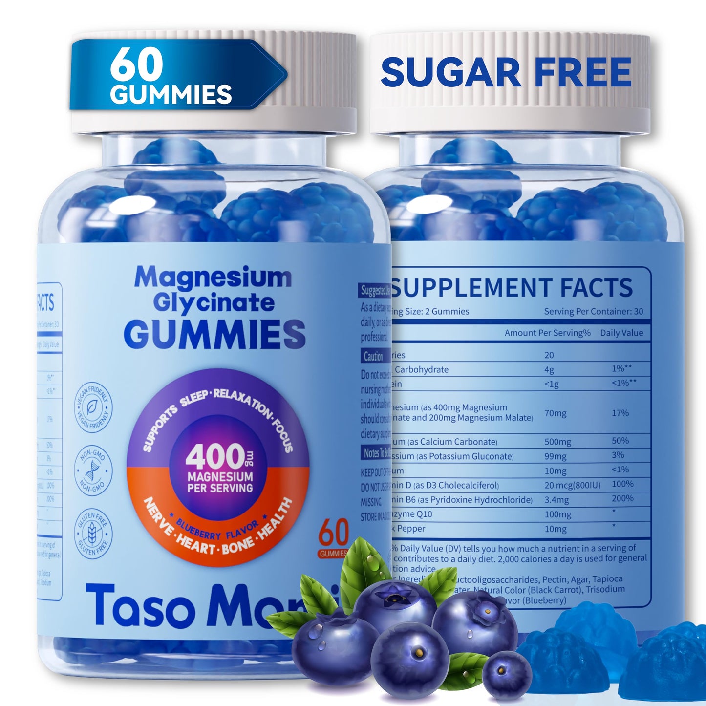 TasoMomi Magnesium Glycinate Gummies 400mg Sugar Free Vegan Chewable for Adults & Kids - High Absorption to Support Sleep, Muscle, Bone, and Cognitive Health with Vitamin D3, B6, C, CoQ10, 60 Blueberry Gummies