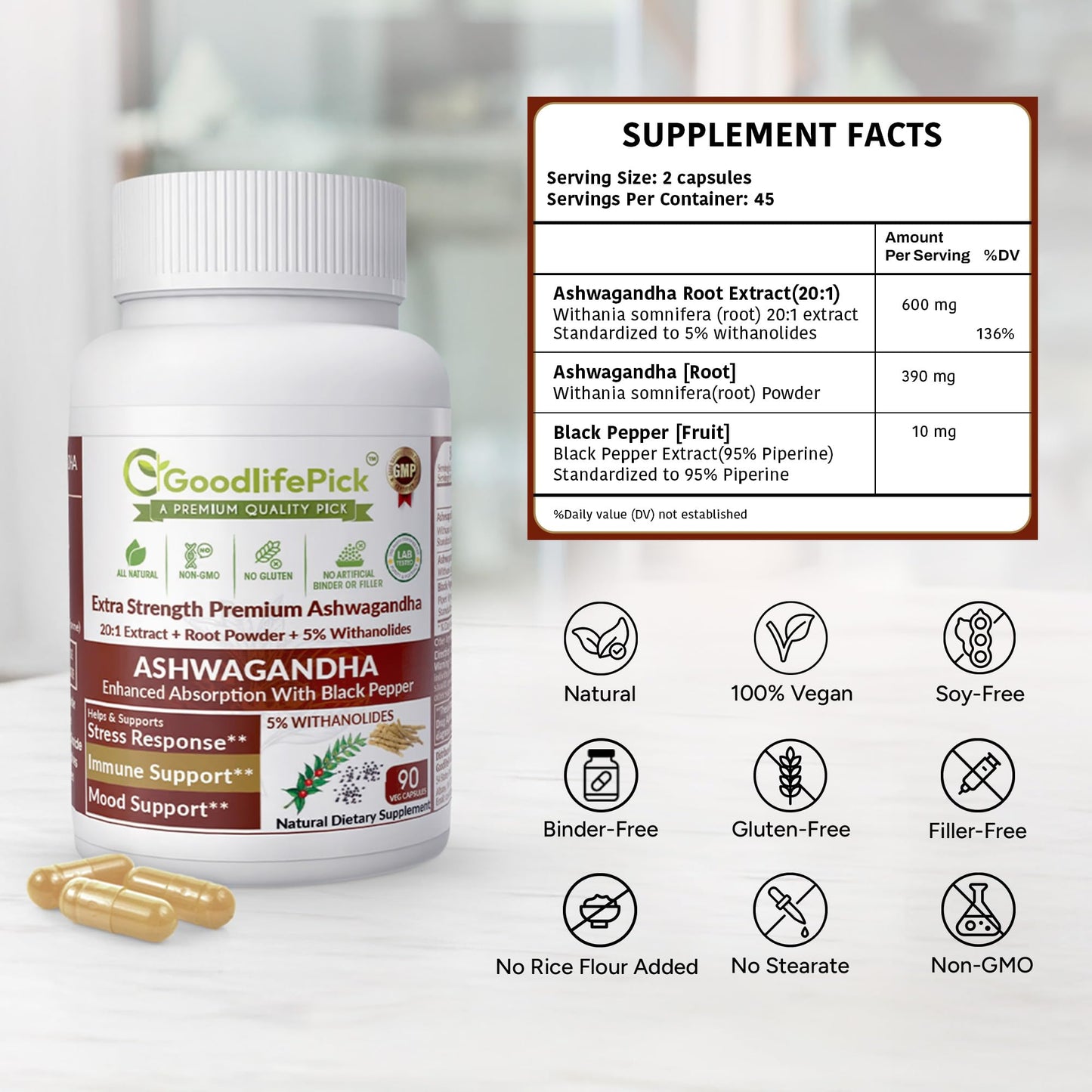 GoodlifePick Ashwagandha Capsules with Black Pepper, 90 Capsules