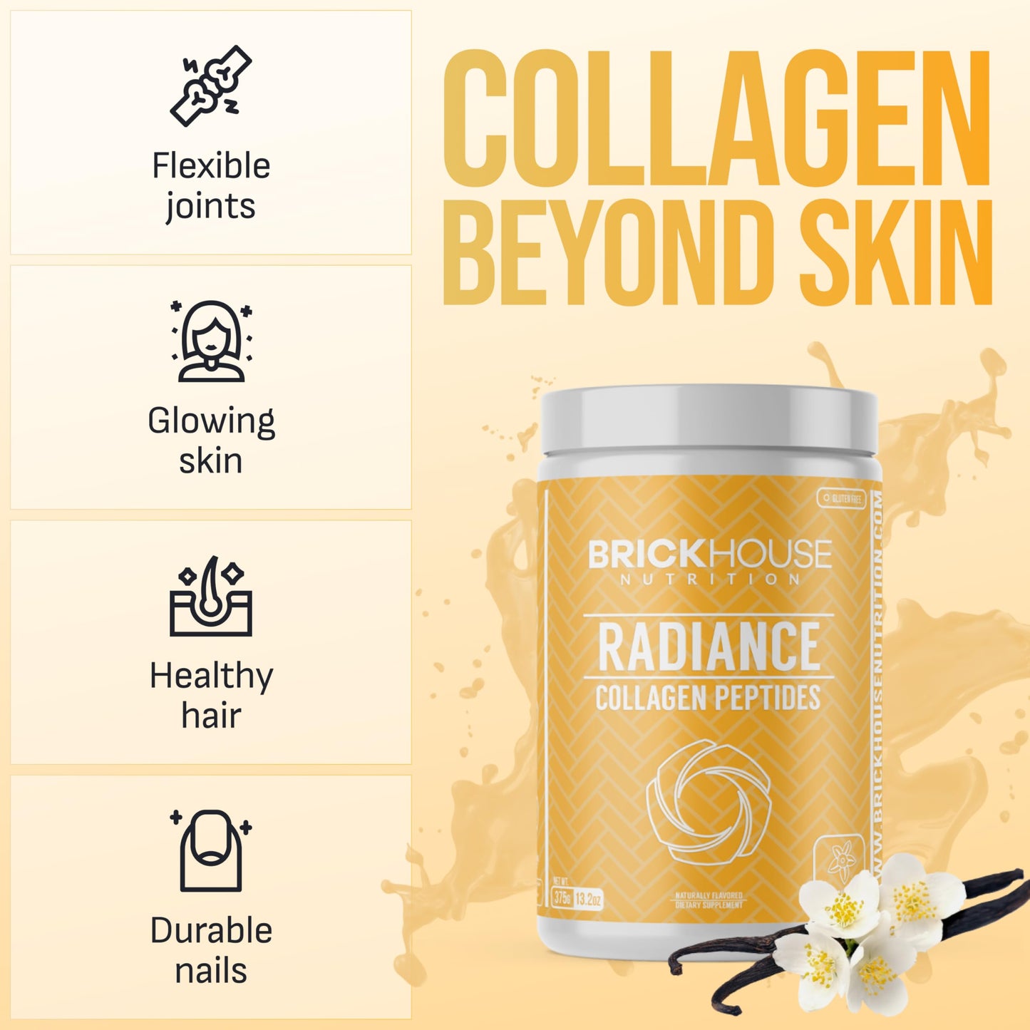 BrickHouse Nutrition Radiance Collagen Peptides Powder with Hyaluronic Acid Vanilla, 13 oz
