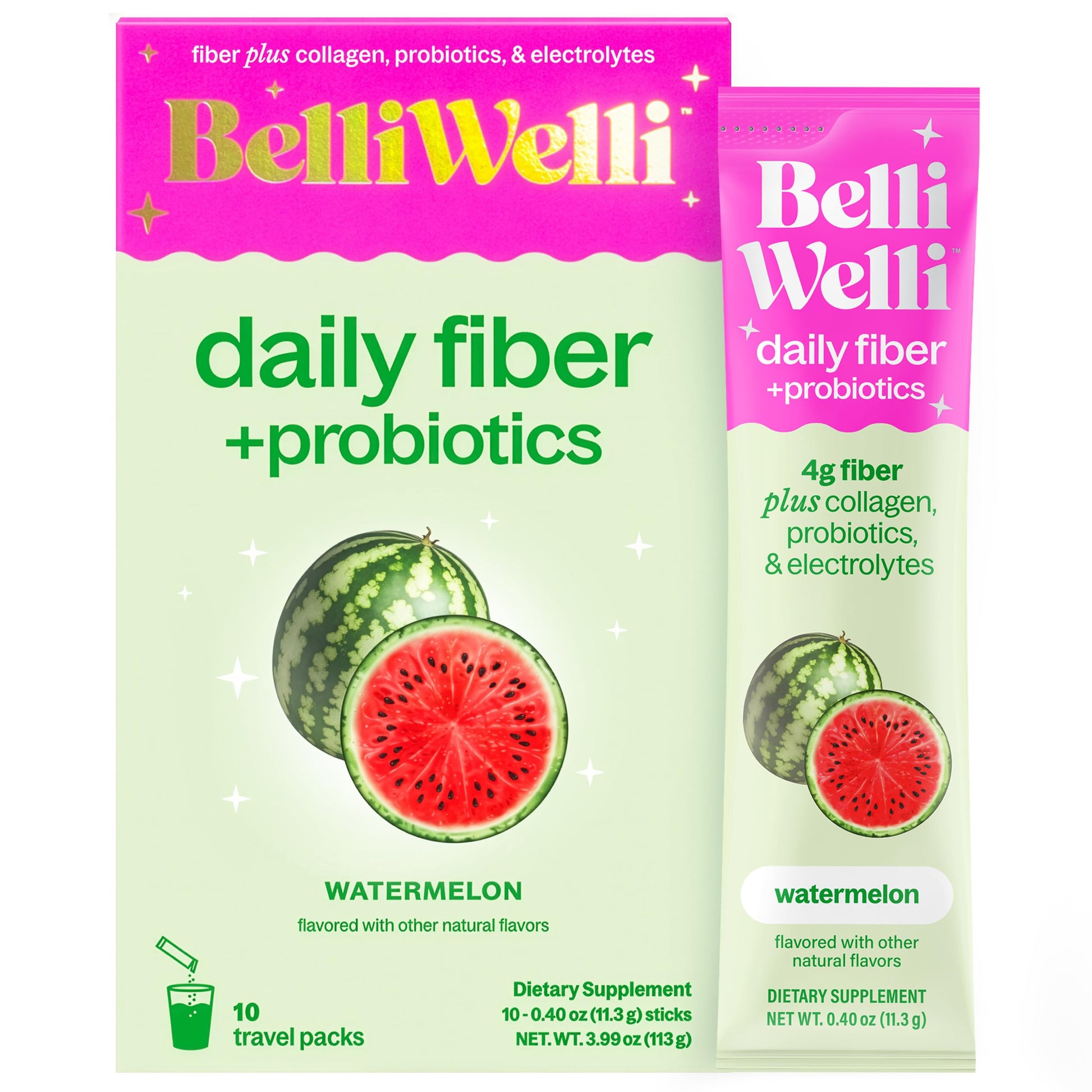 Belli Welli Daily Fiber Supplement Packets with Collagen, Probiotics & Electrolytes Watermelon Powder, 10 Count