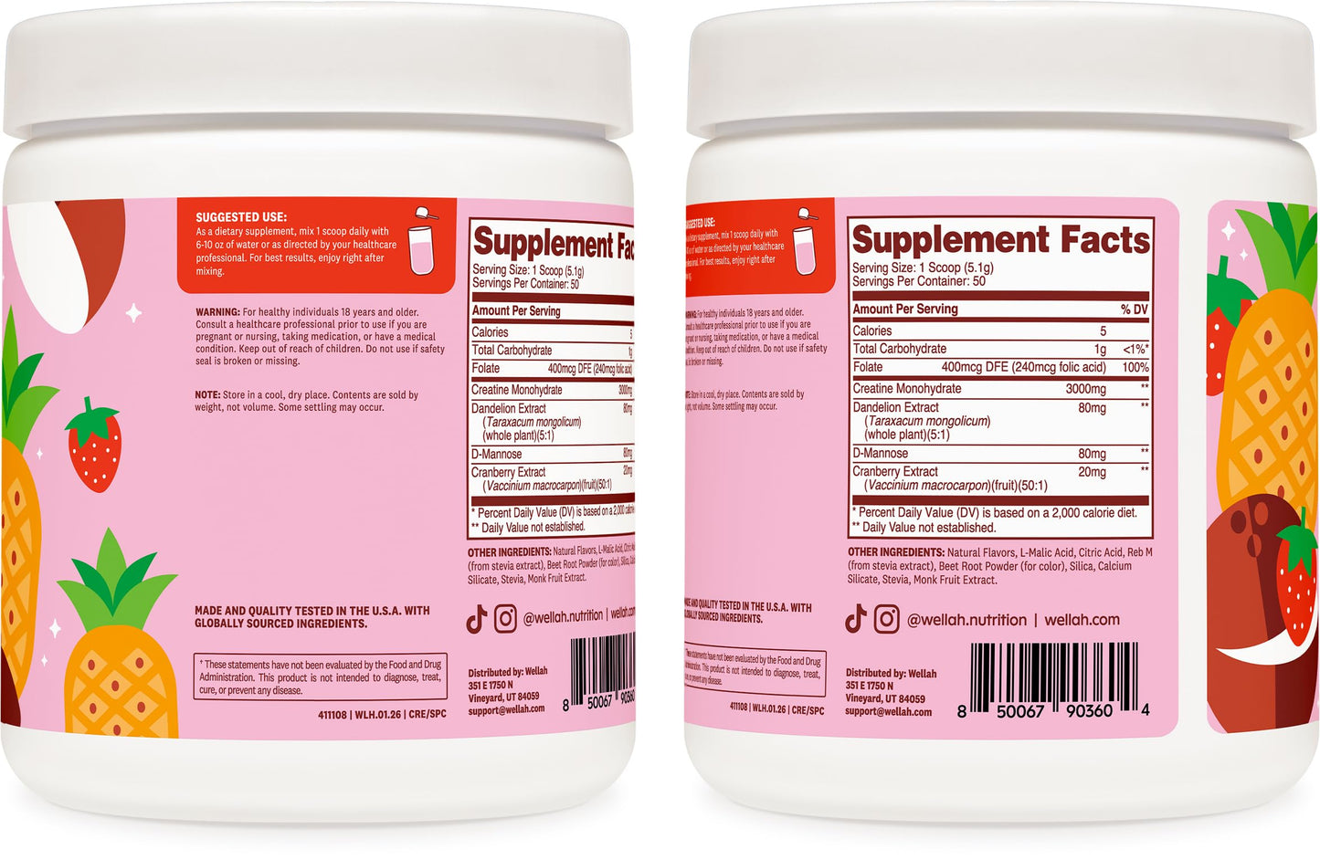 Wellah Creatine for Women (Strawberry Pina Colada) Powder, 50 Servings