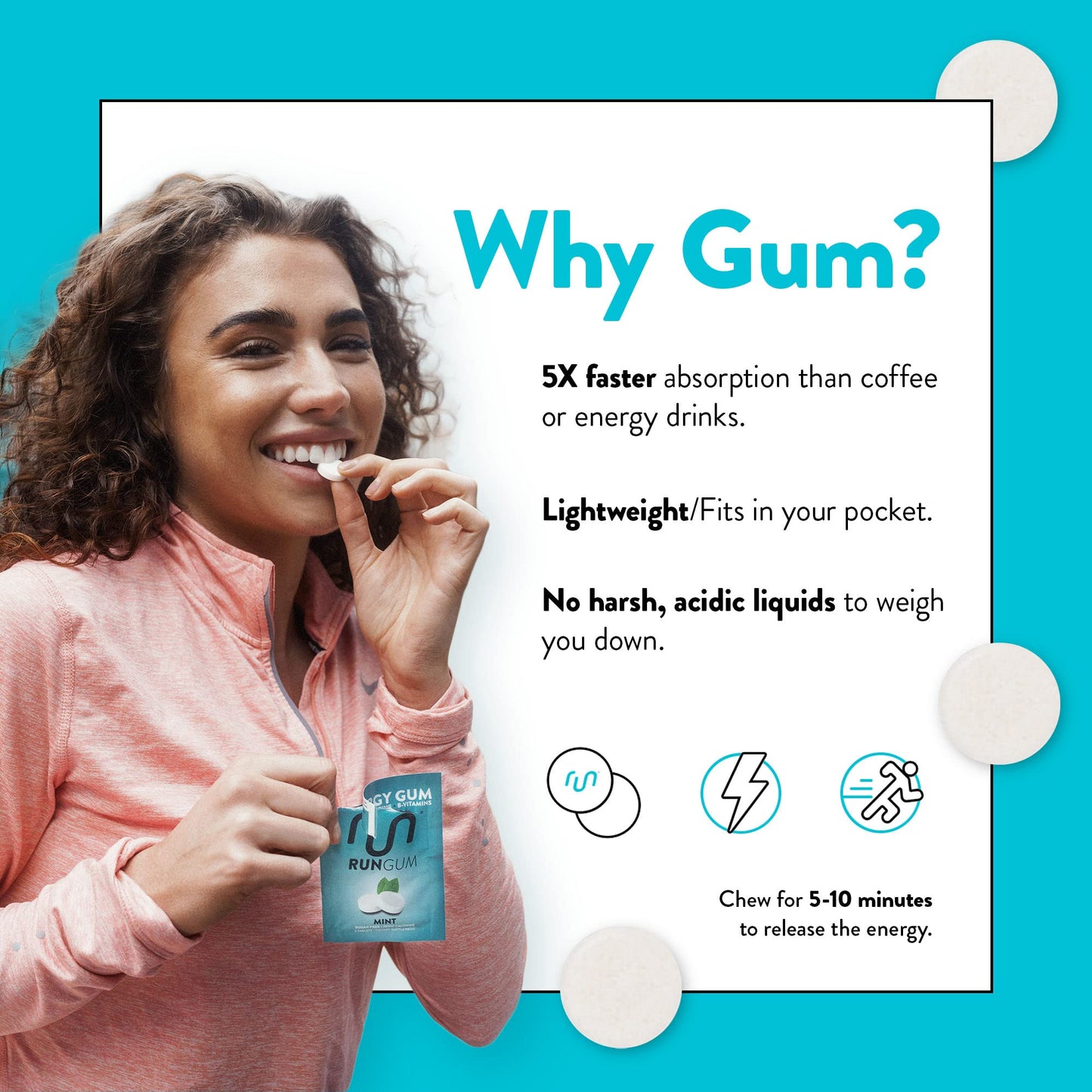 Run Gum Mint Flavor Caffeinated Energy & Focus Gum Chewable, 24 Pieces