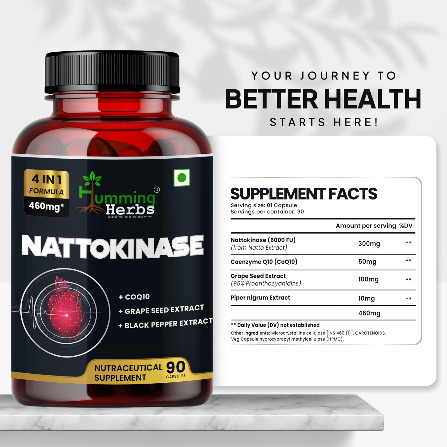 Humming Herbs Nattokinase 300 mg with CoQ10, Grape Seed Extract and Black Pepper Capsules, 90 Count