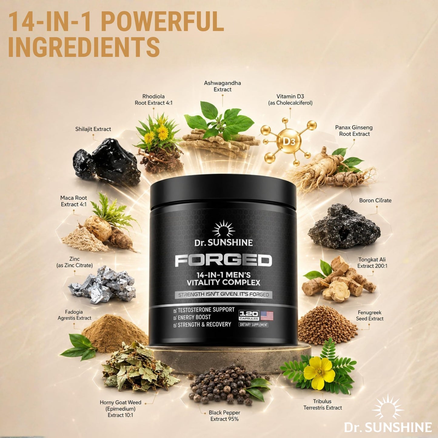 DR. SUNSHINE Forged Testosterone Supplement for Men –14 in 1 Natural Male Strength with Shilajit, Ashwagandha, Tongkat Ali – Muscle Builder Testosterone Booster, 120 Capsules