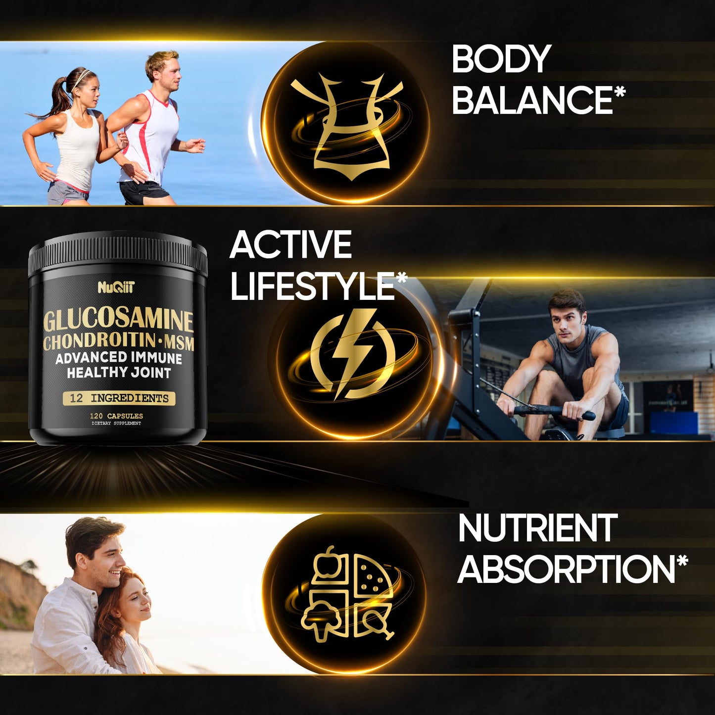 NUQIIT Glucosamine Chondroitin MSM with Immune & Joint Support Supplement 2000mg - Turmeric Curcumin Root, Boswellia, Elderberry, Echinacea & More Capsules 120
