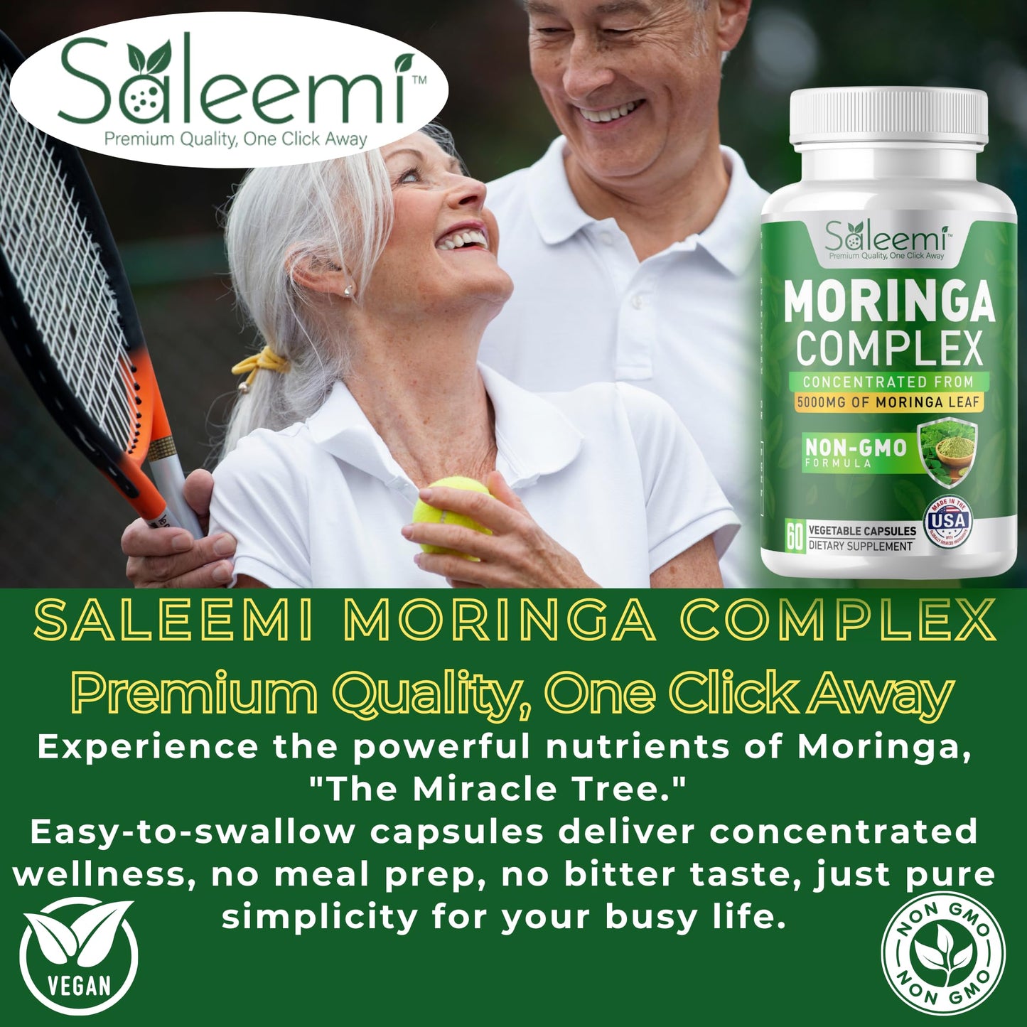 SALEEMI Moringa Capsules – Premium Moringa Oleifera Leaf & Seed Extract, Green Superfood for Energy, Immunity & Vitality, Plant-Based & Non-GMO, 60 Vegan Capsules